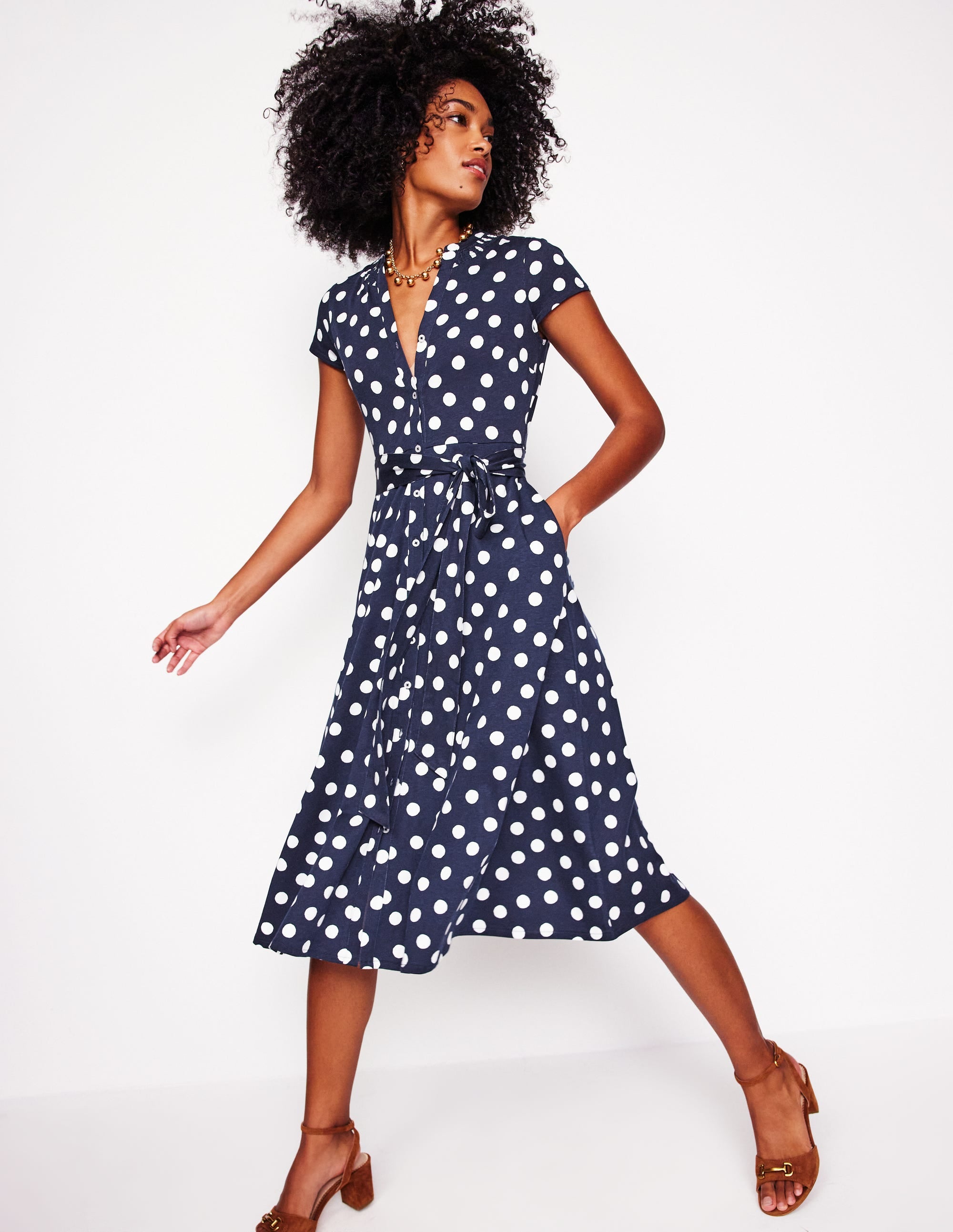 Sara Jersey Shirt Dress-French Navy, Abstract Dot - Image 1
