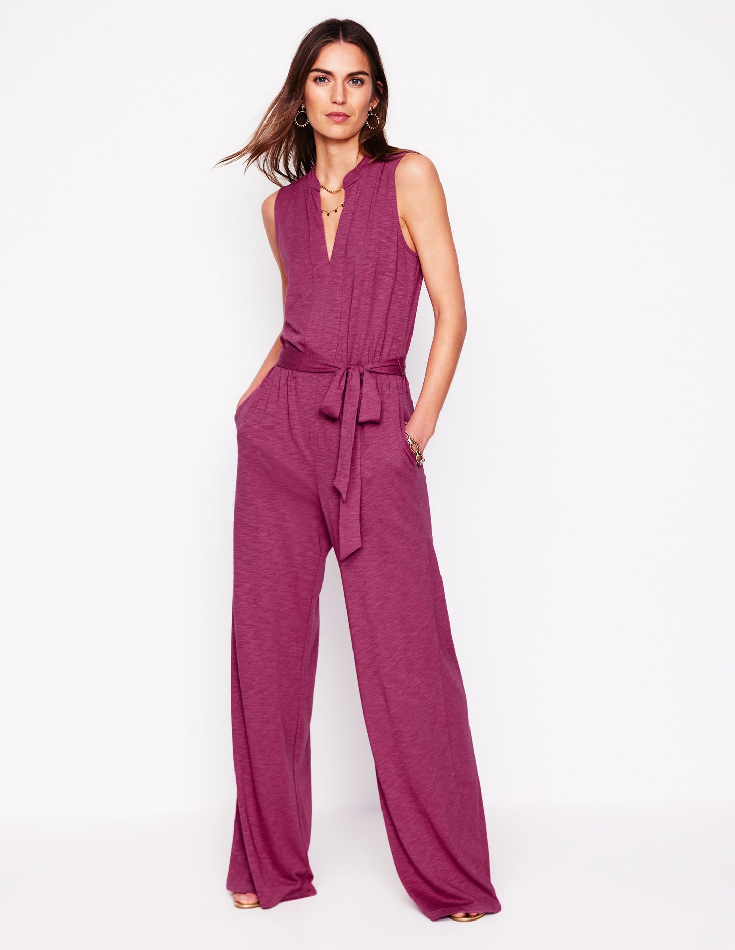 Naomi Notch Jersey Jumpsuit-Plum Purple Boden USA