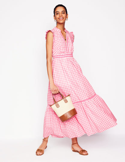 Wren Tiered Midi Dress-Salmon Pink Gingham-1