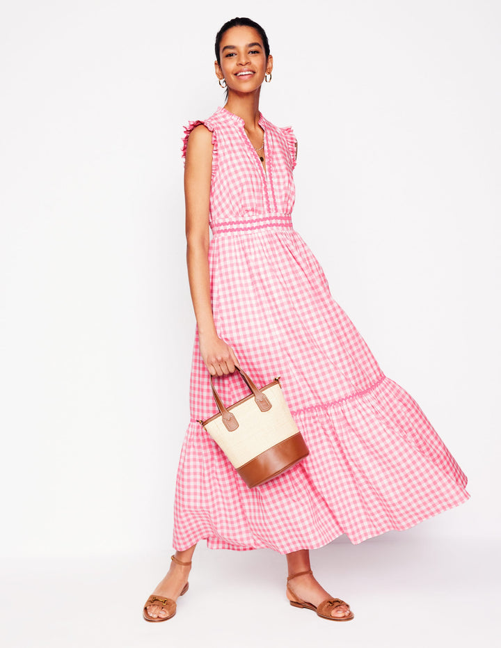 Wren Tiered Midi Dress-Salmon Pink Gingham