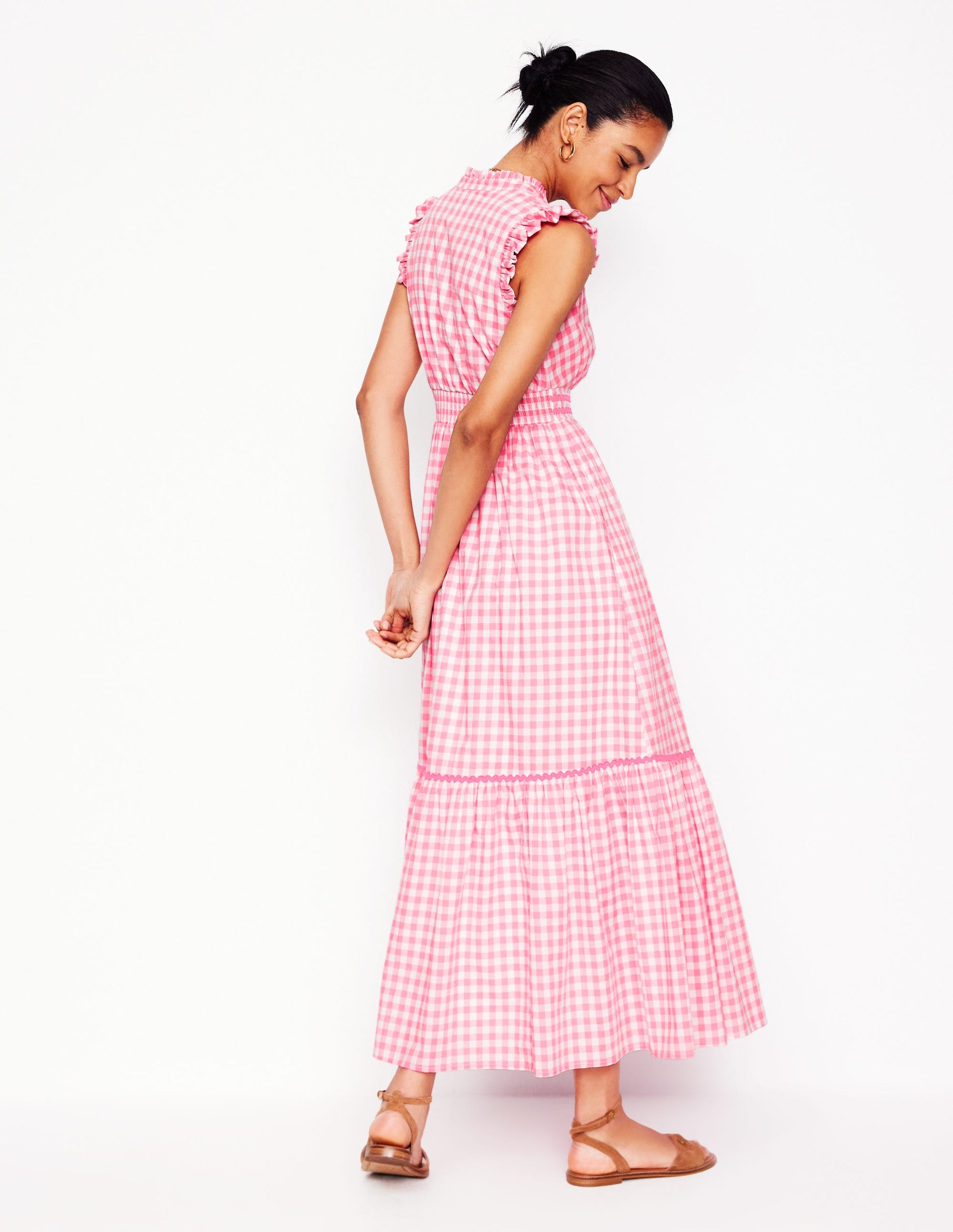 Wren Tiered Midi Dress-Salmon Pink Gingham-3