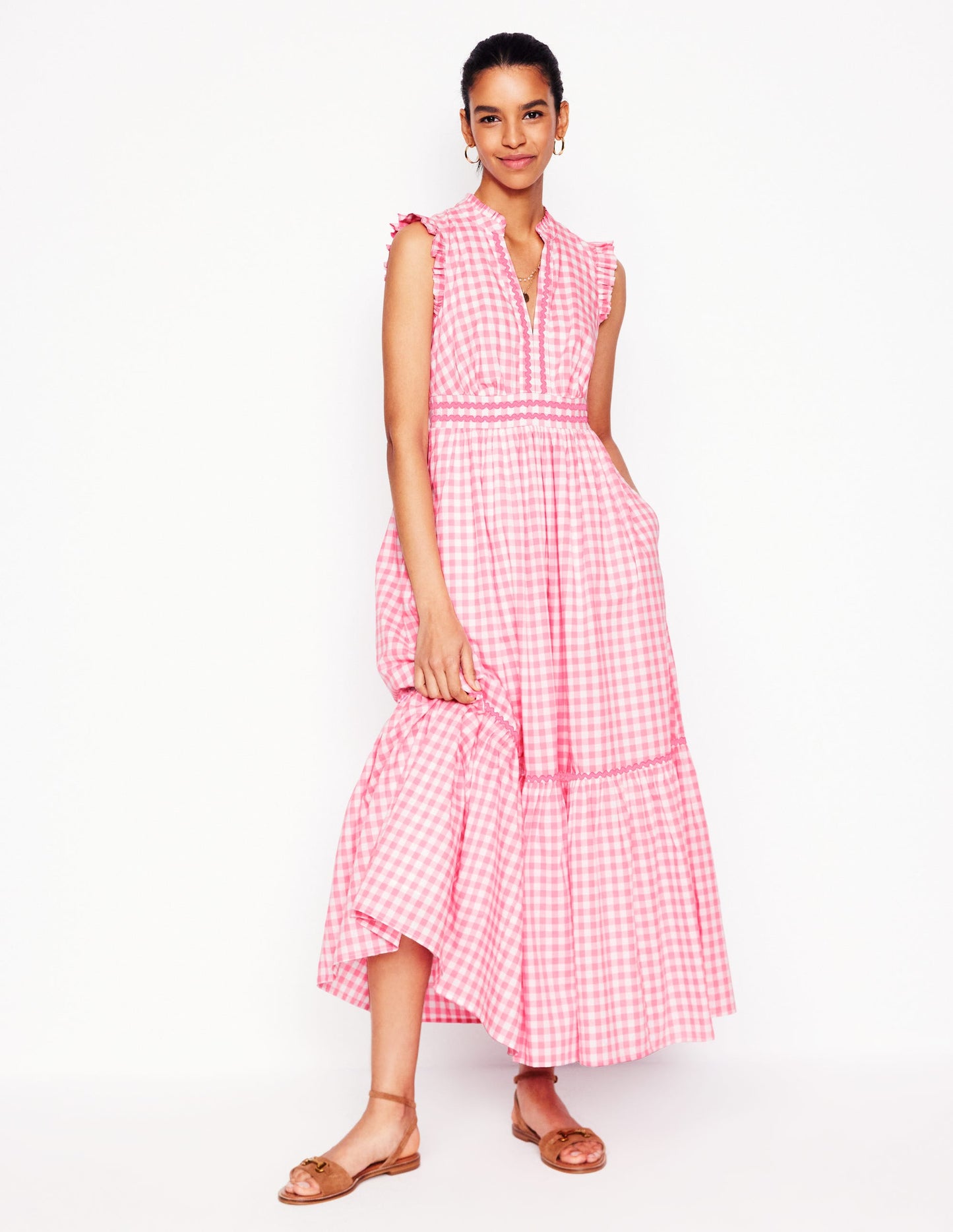 Wren Tiered Midi Dress-Salmon Pink Gingham