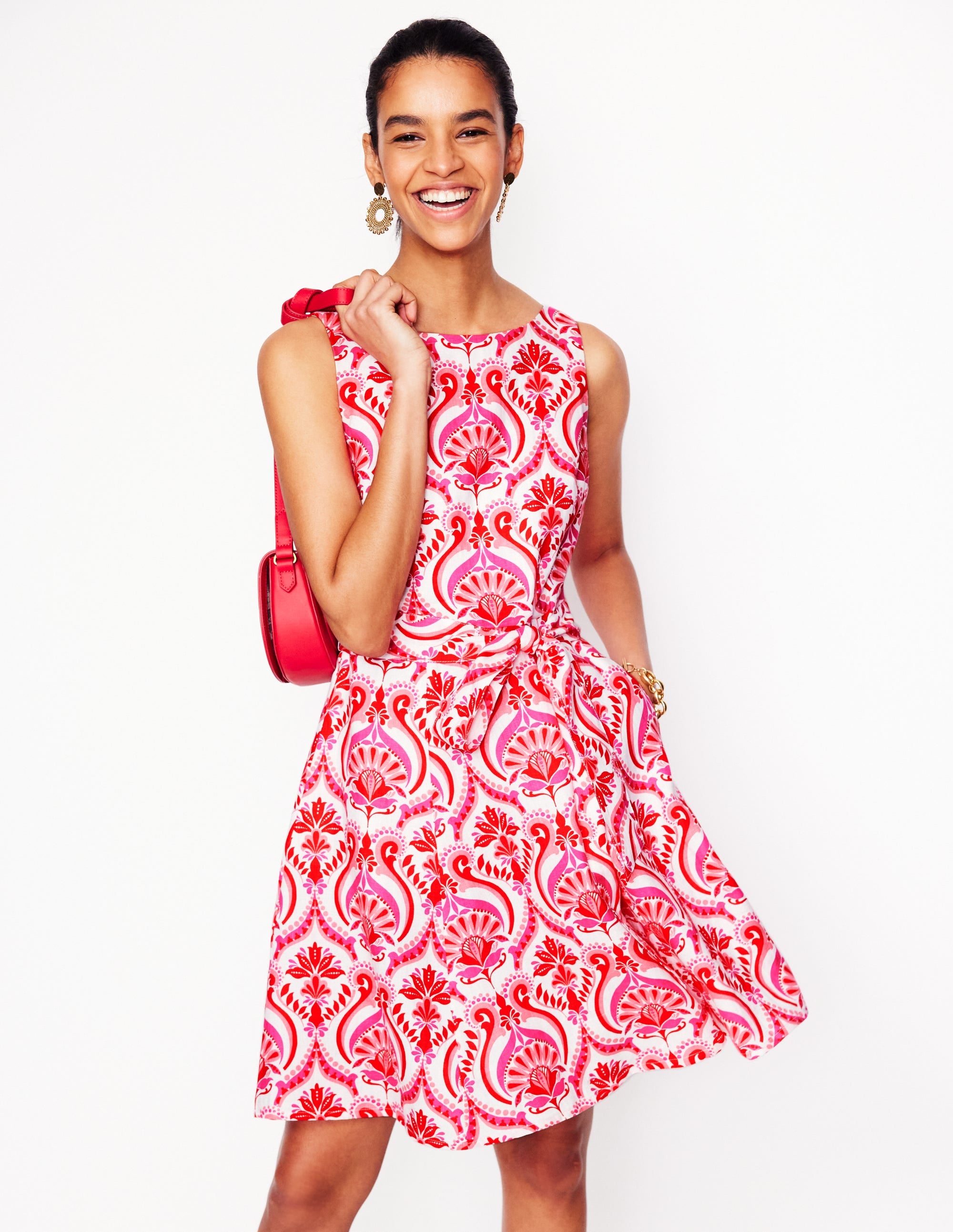 Anya Sleeveless Linen Dress-Poppy Red, Ornamental Floral - Image 1