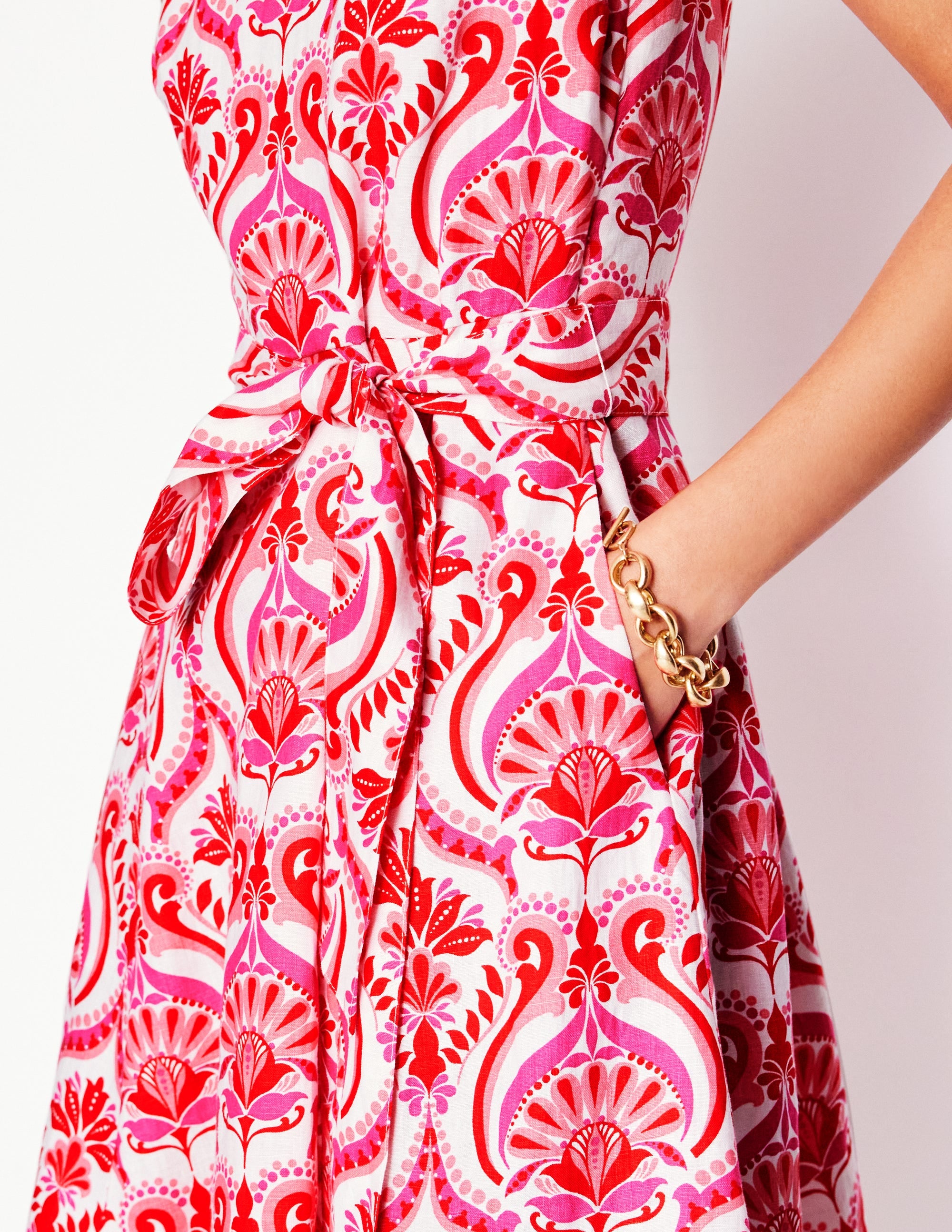 Anya Sleeveless Linen Dress-Poppy Red, Ornamental Floral - Image 2