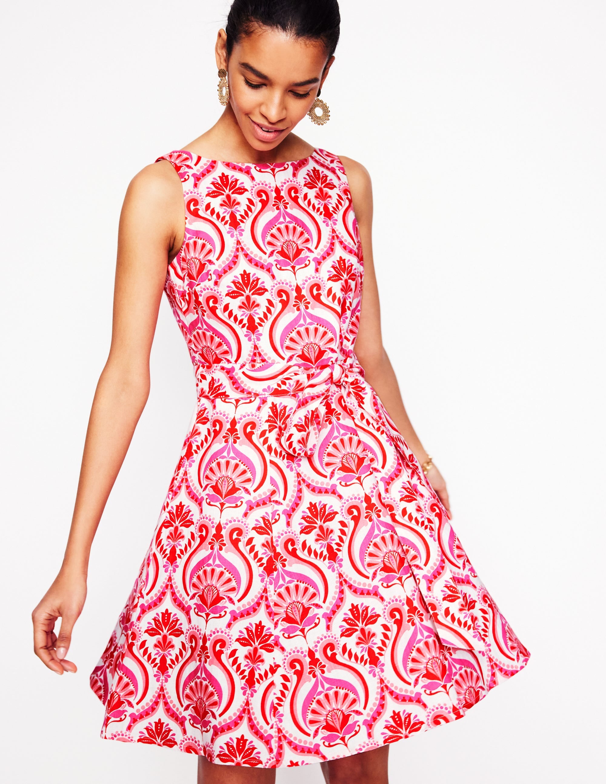 Anya Sleeveless Linen Dress-Poppy Red, Ornamental Floral - Image 4
