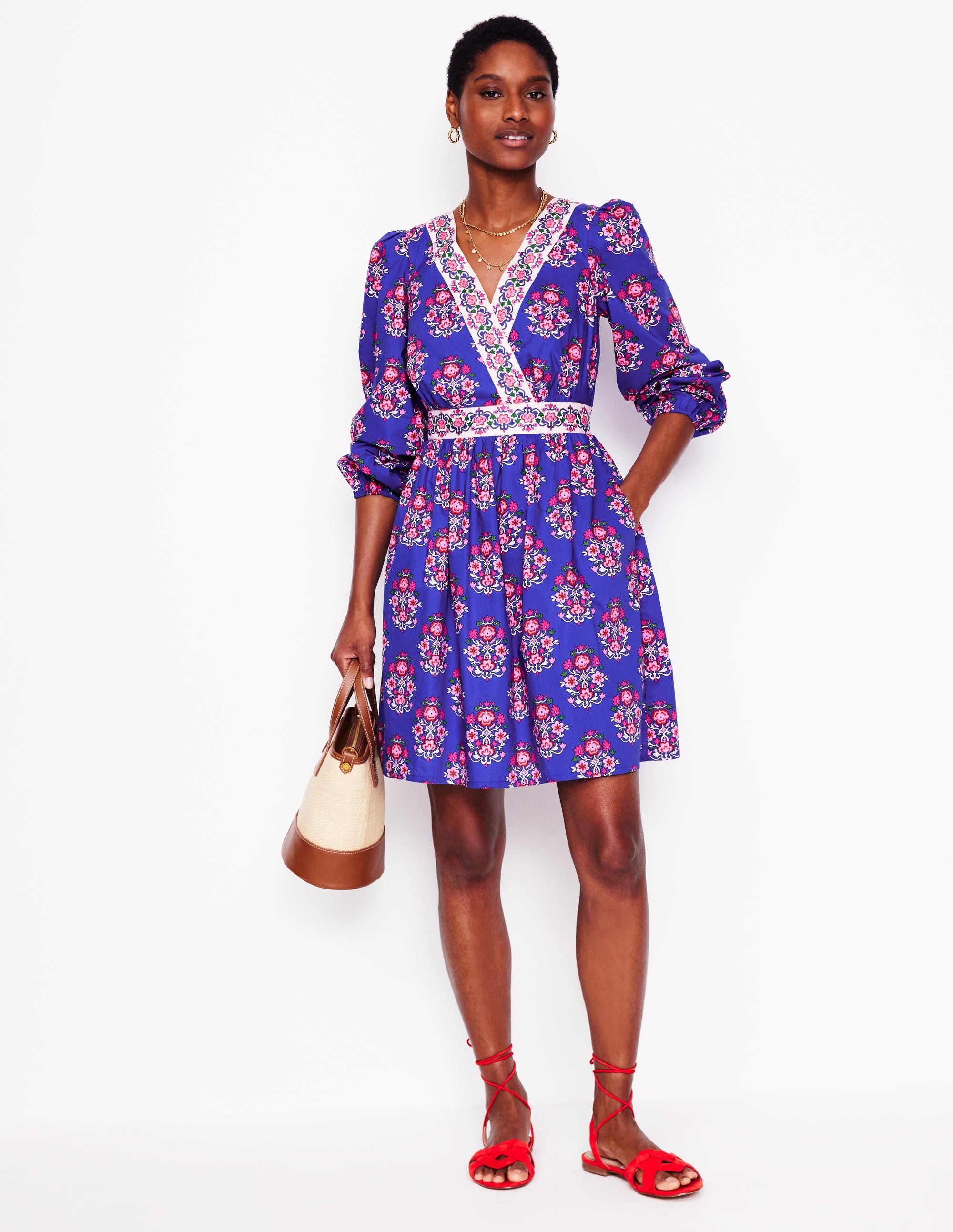 Mya Cotton Short Dress-Bright Blue, Wildflower Stamp - Image 1