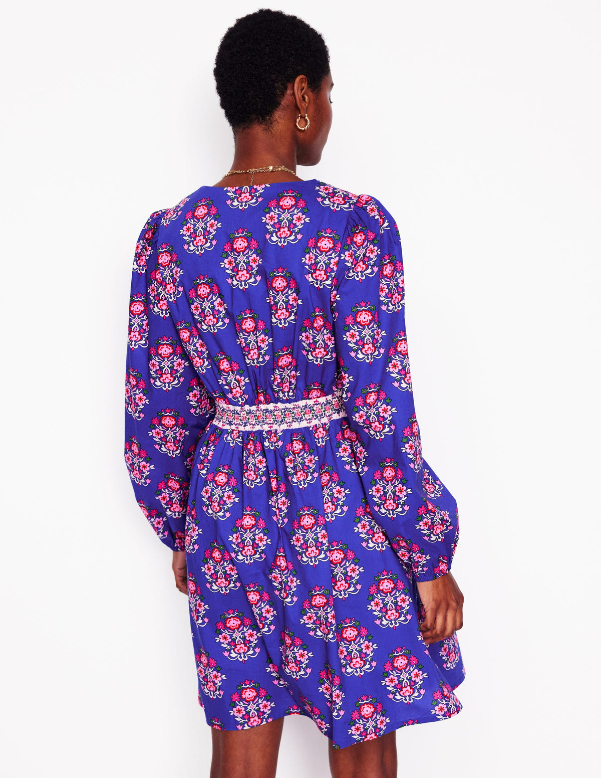 Mya Cotton Short Dress-Bright Blue, Wildflower Stamp - Image 2