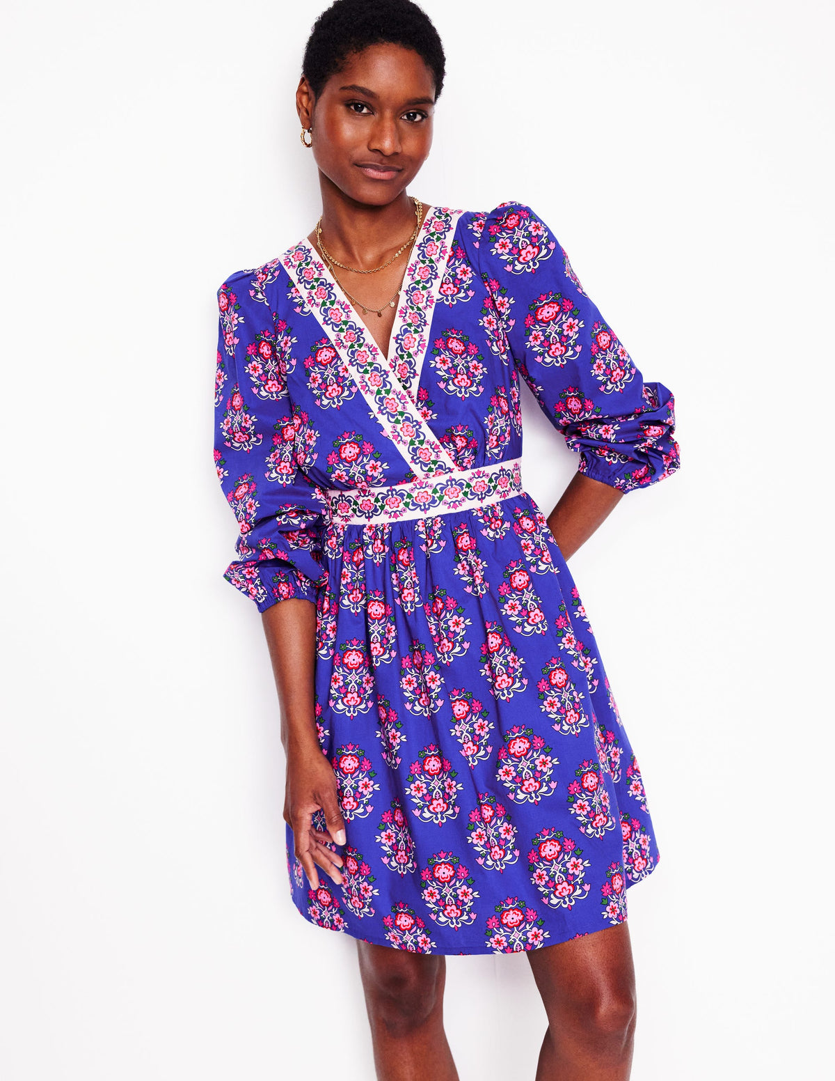Mya Cotton Short Dress-Bright Blue, Wildflower Stamp - Image 3
