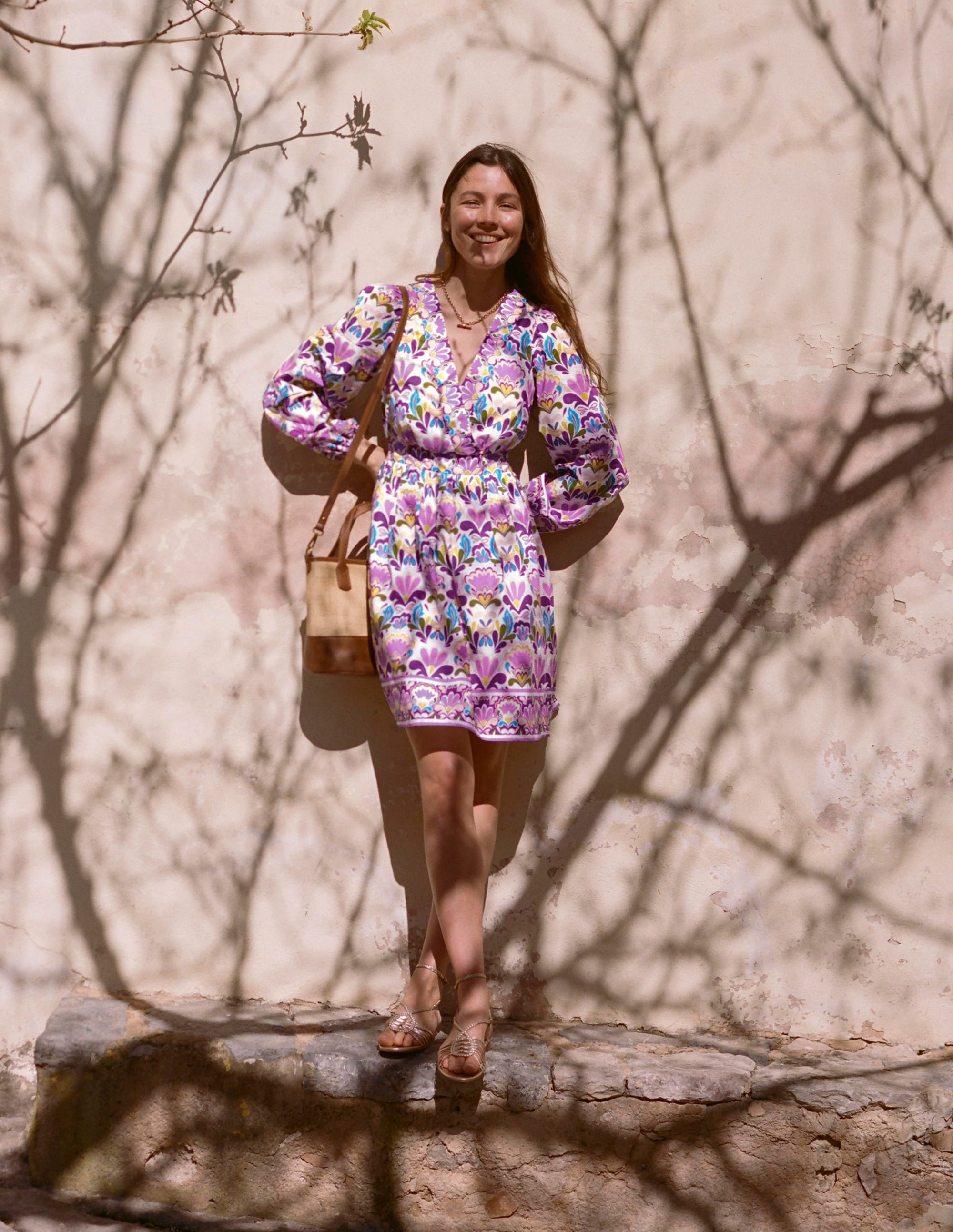 Mya Cotton Short Dress-Royal Purple, Freesia Stamp - Image 5