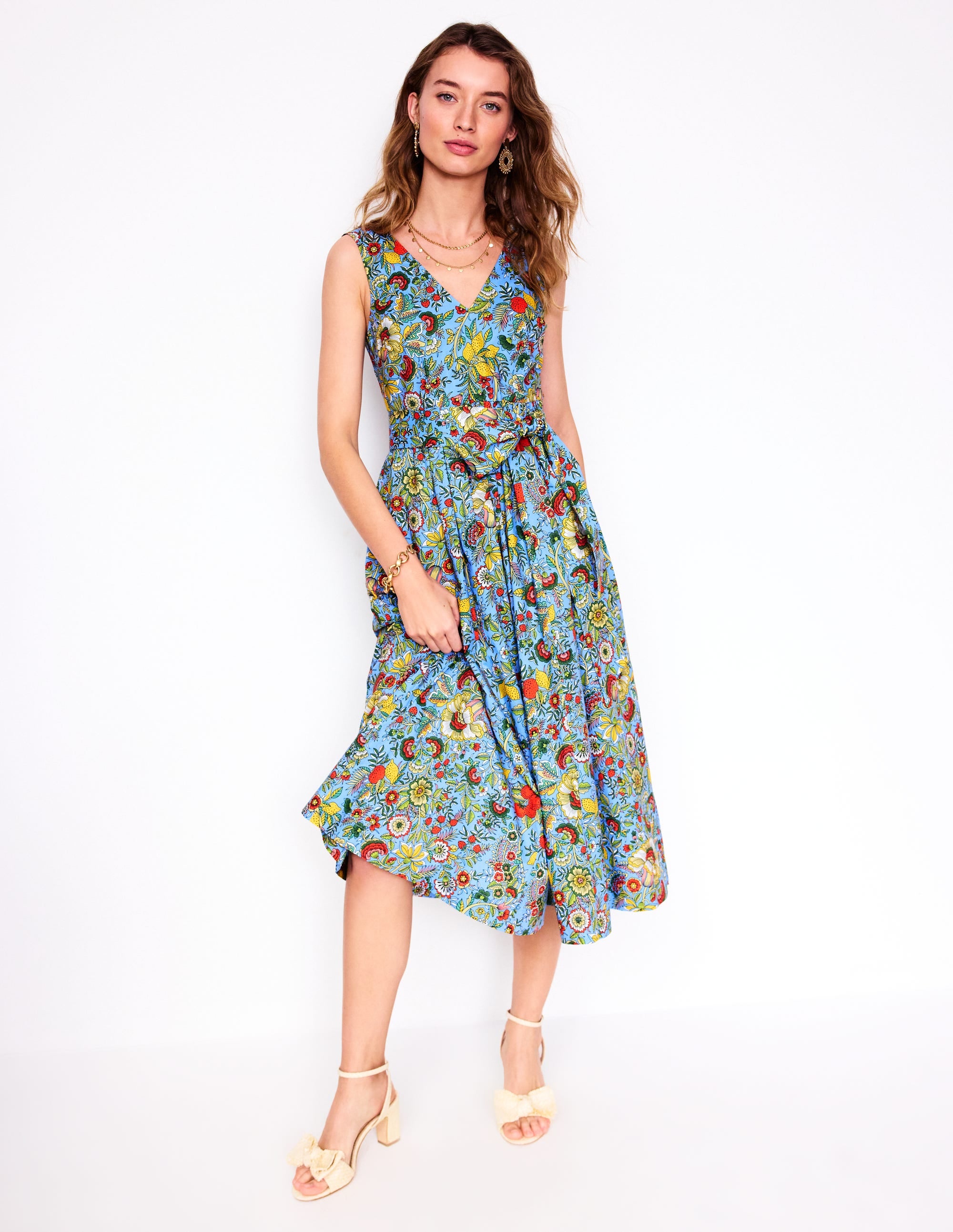 V-Neck Belted Flare Dress-Multi, Citrus Vine - Image 1