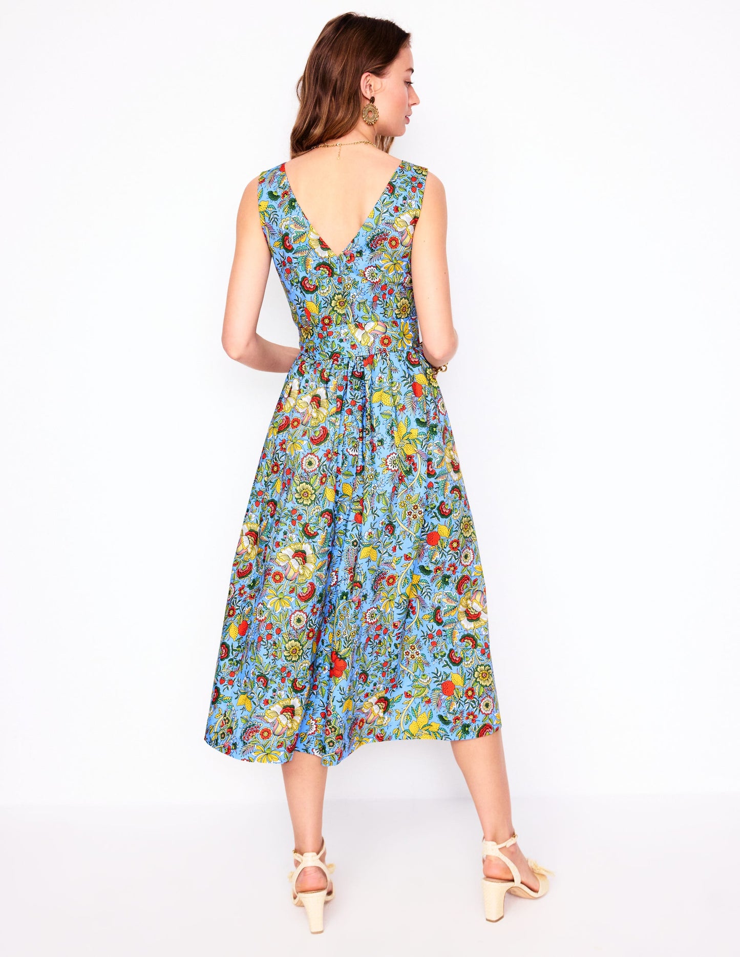 V-Neck Belted Flare Dress-Multi, Citrus Vine