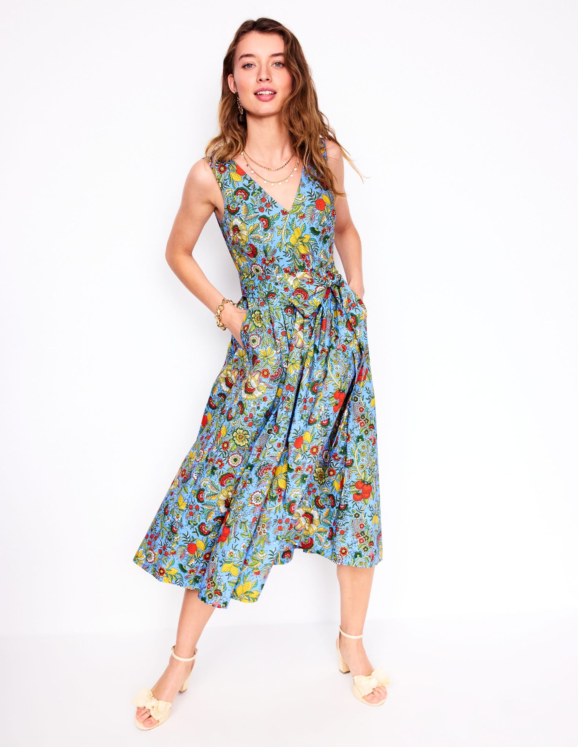 V-Neck Belted Flare Dress-Multi, Citrus Vine-4