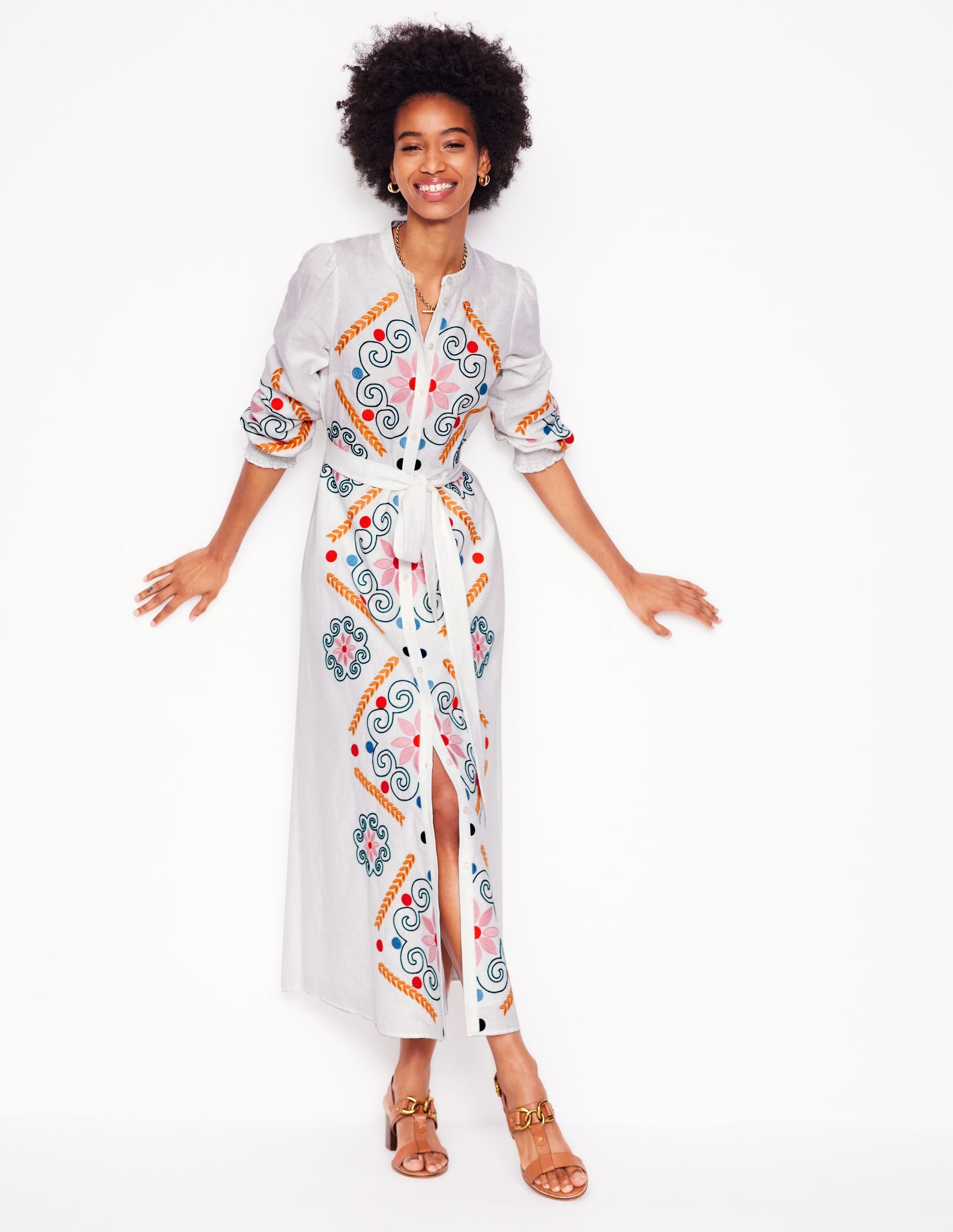 Ruby Linen Blend Shirt Dress-White Embroidery - Image 1