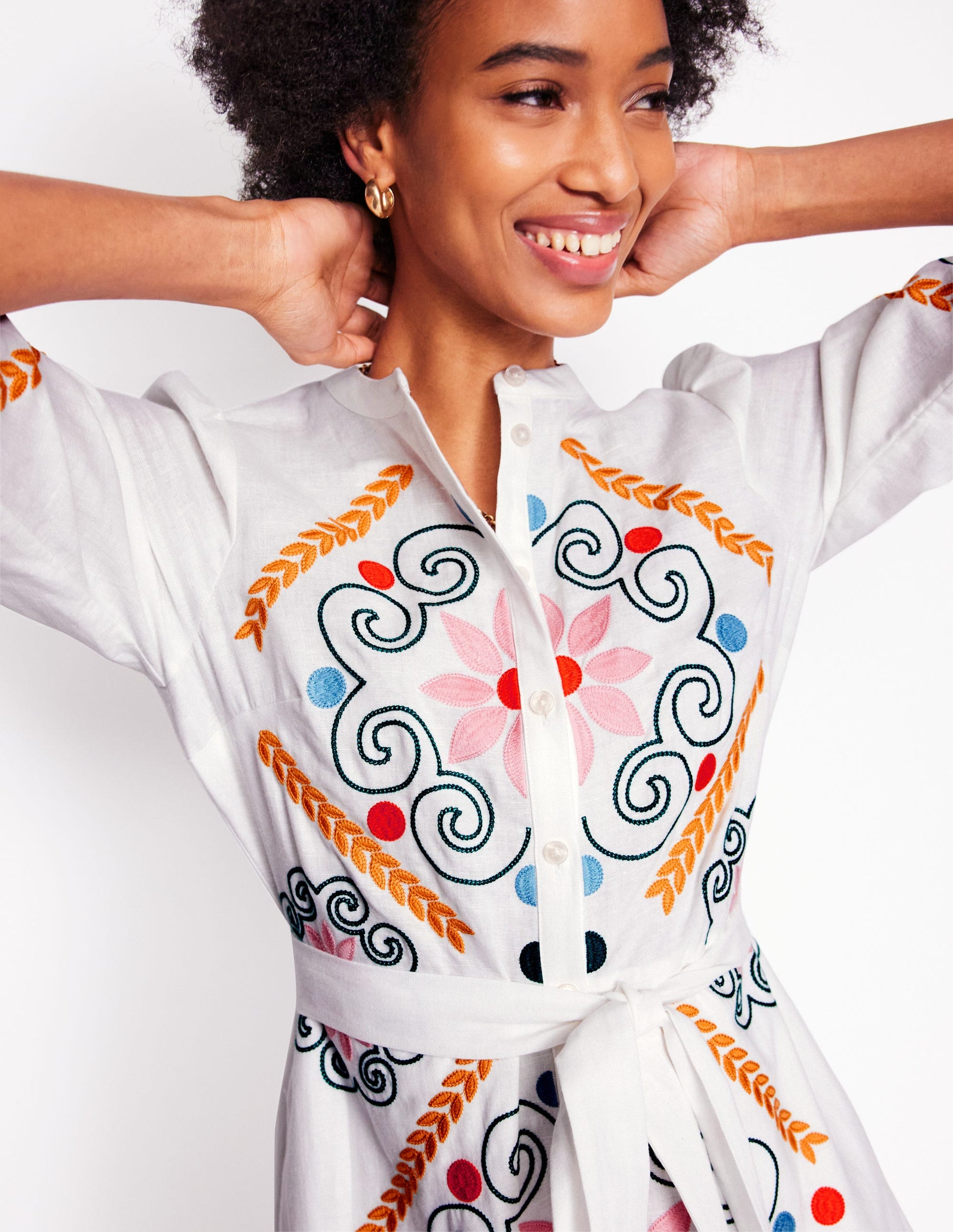embroidered shirt dress white Miss Circle Women's Jamila White Shirt Mini Dress with Embroidered Waist Detail