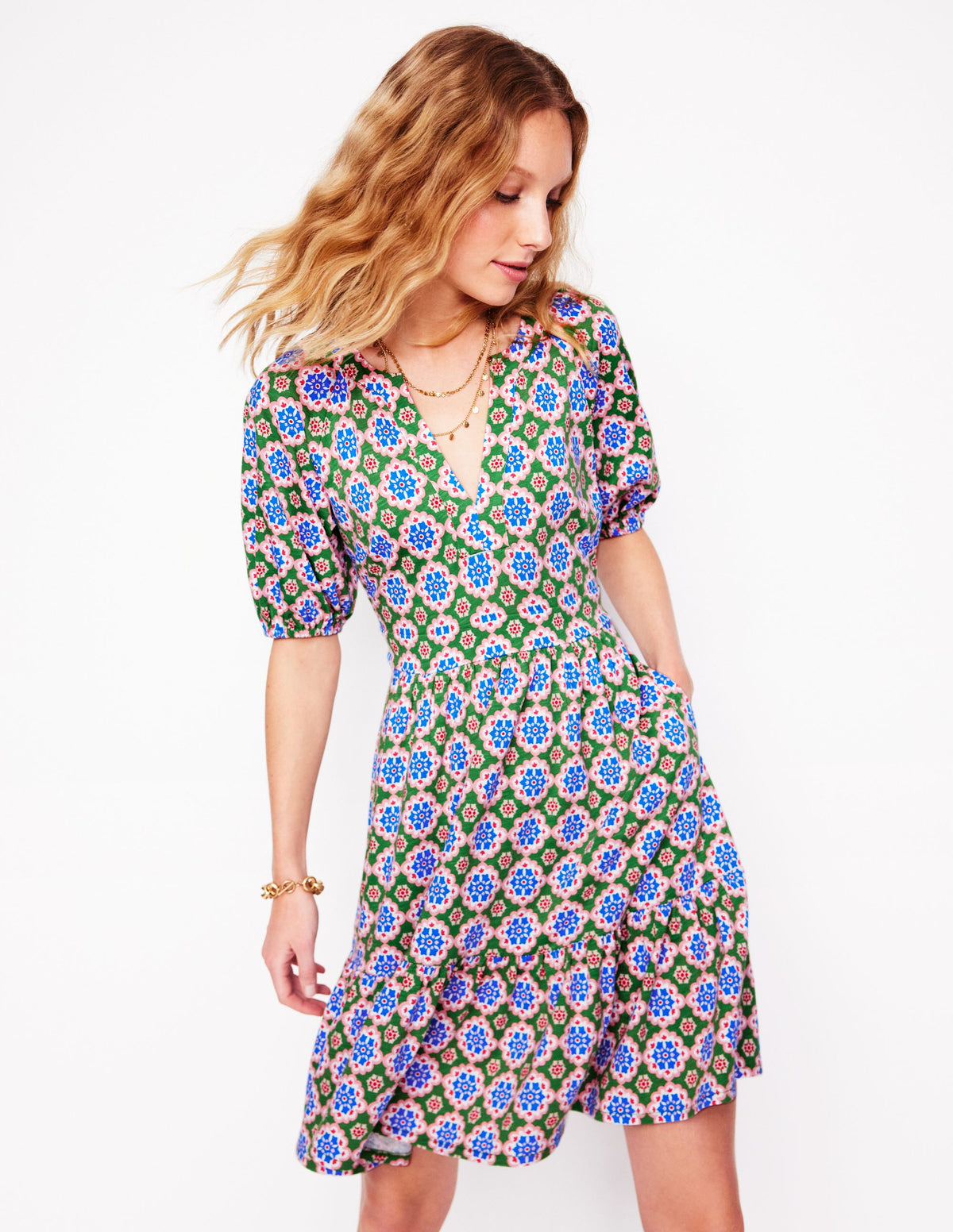 Piper Short Jersey Dress-Iguana Green, Bloom Geo - Image 1