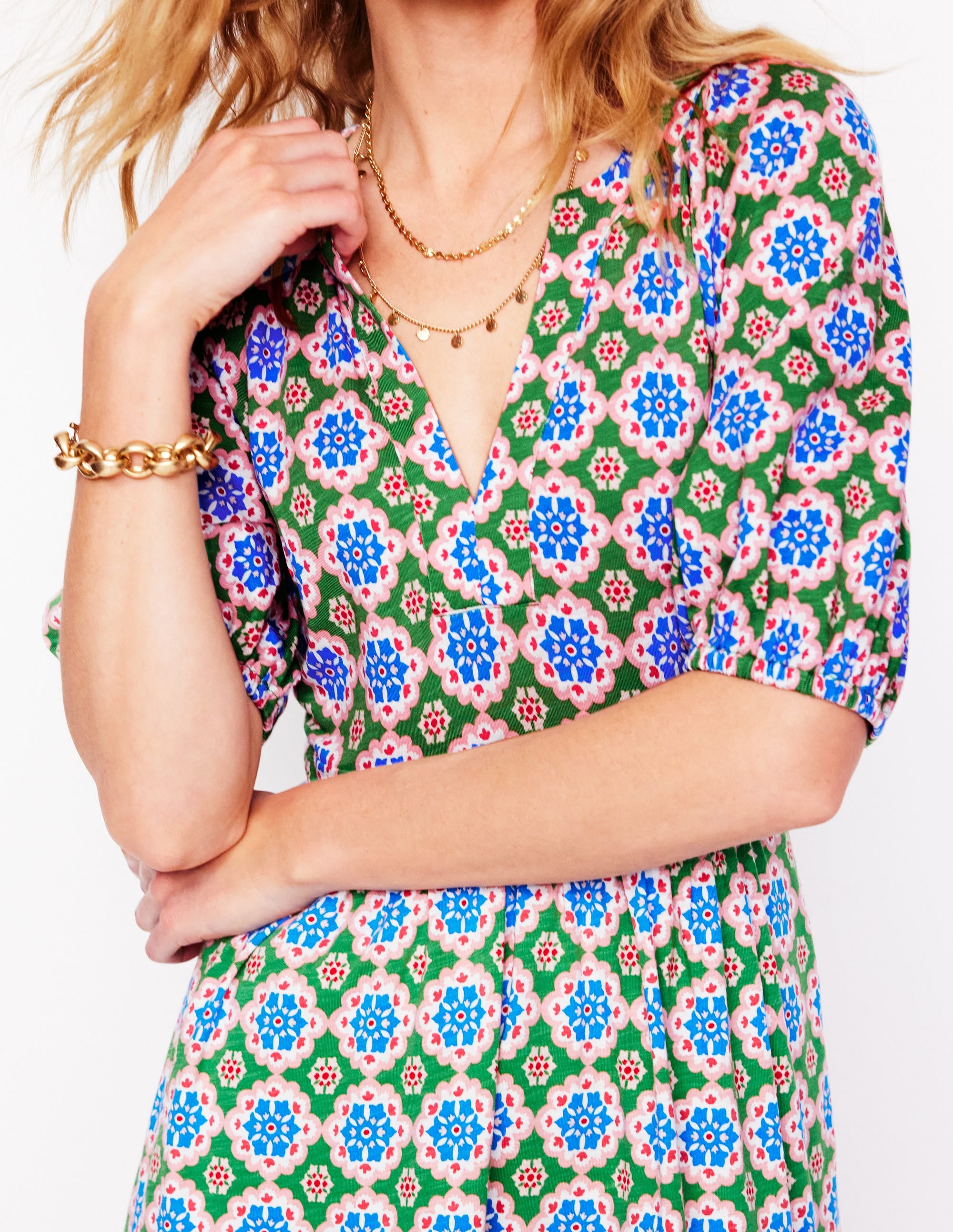 Piper Short Jersey Dress-Iguana Green, Bloom Geo - Image 2