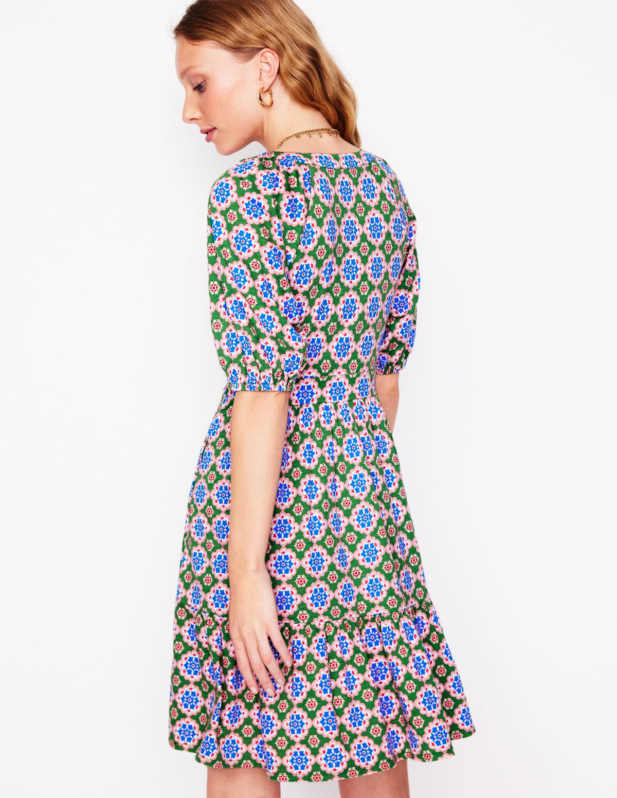 Piper Short Jersey Dress-Iguana Green, Bloom Geo - Image 3