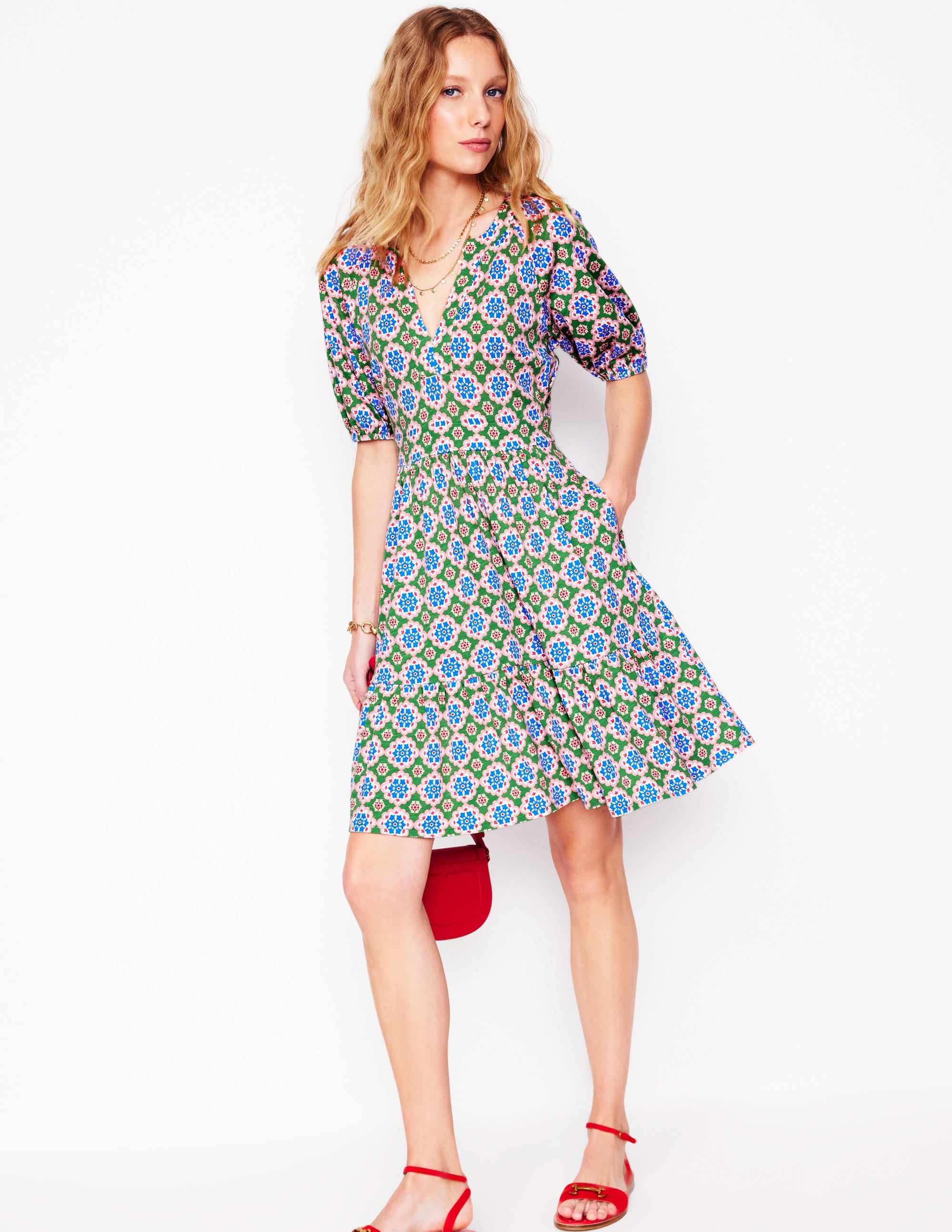Piper Short Jersey Dress-Iguana Green, Bloom Geo - Image 4