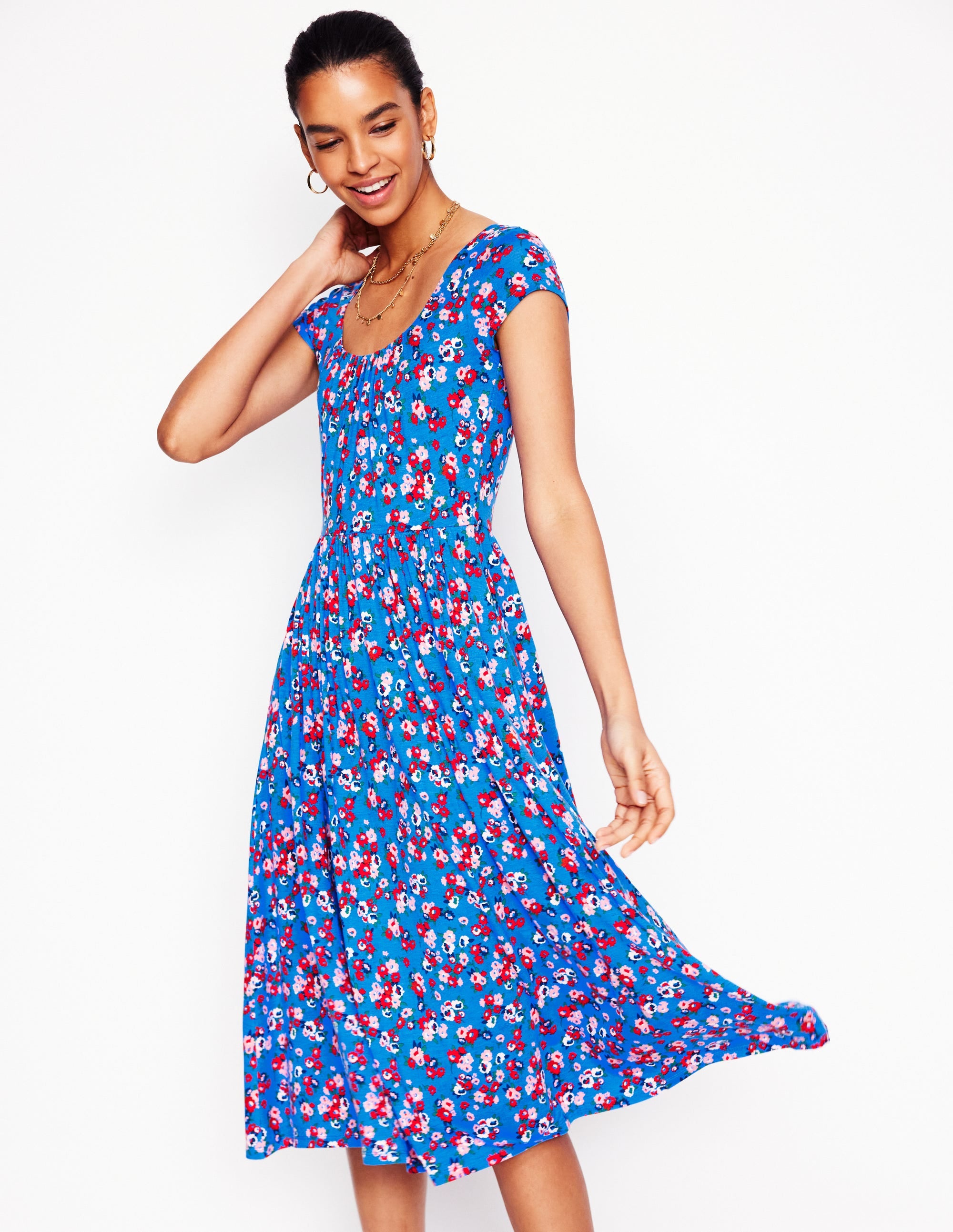 Samantha Scoop Jersey Dress-Cerulean Blue, Painterly Posy - Image 1