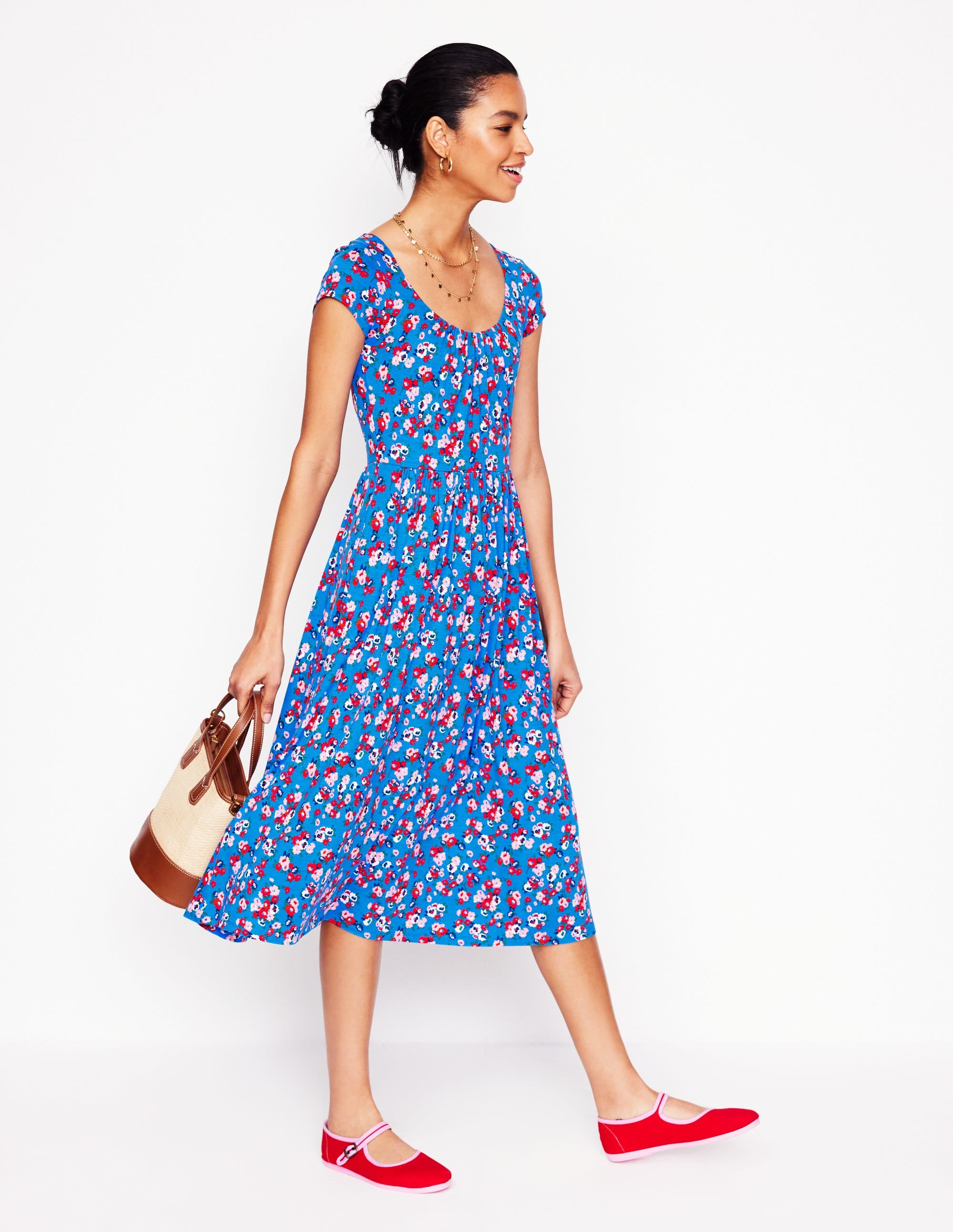 Samantha Scoop Jersey Dress-Cerulean Blue, Painterly Posy - Image 5