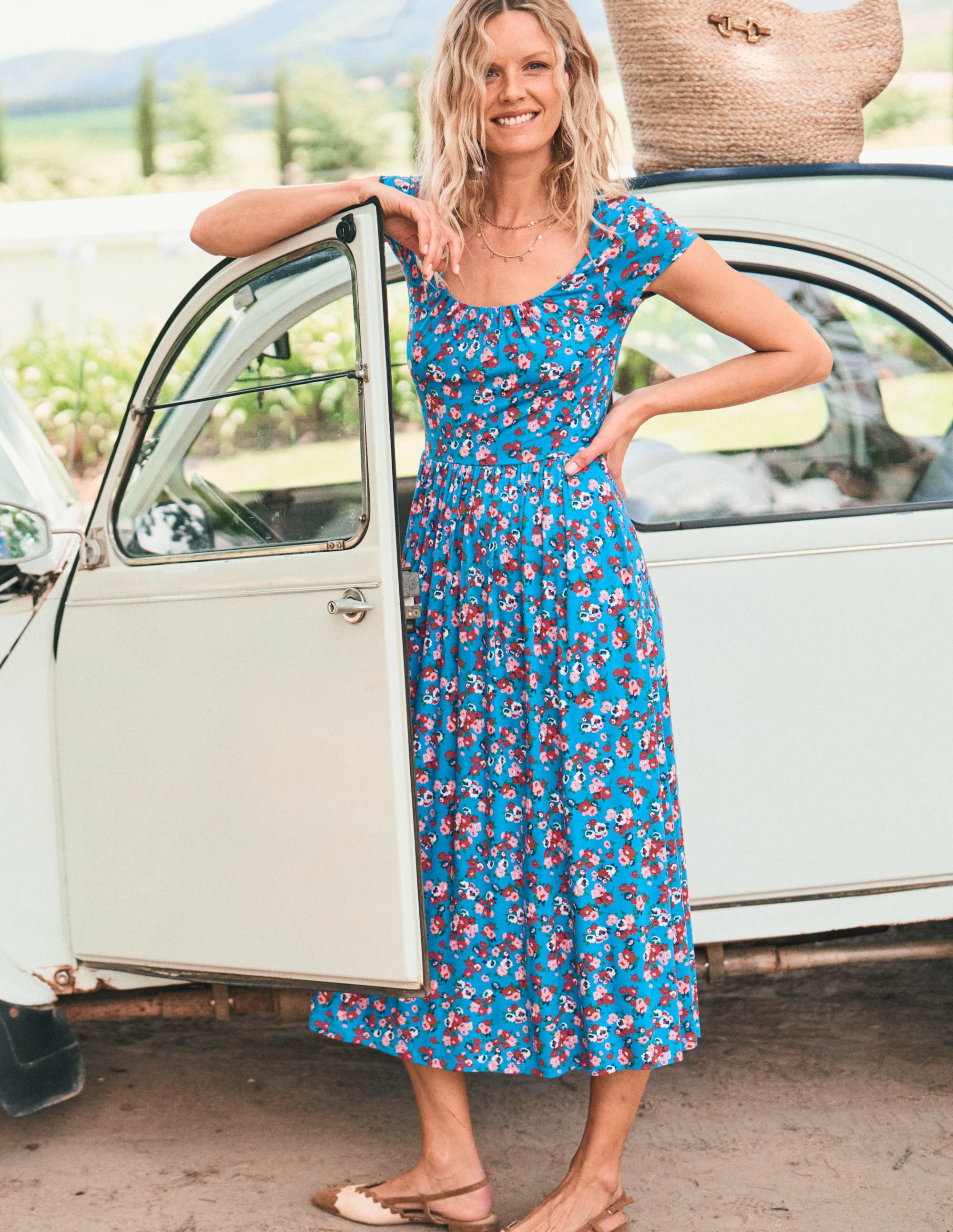 Samantha Scoop Jersey Dress-Cerulean Blue, Painterly Posy - Image 2