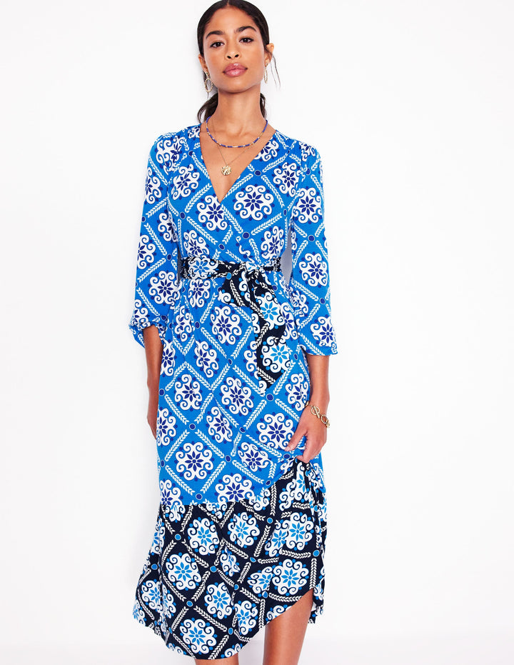 Tie Wrap Tier Maxi Dress-Cerulean Blue, Baroque Tile