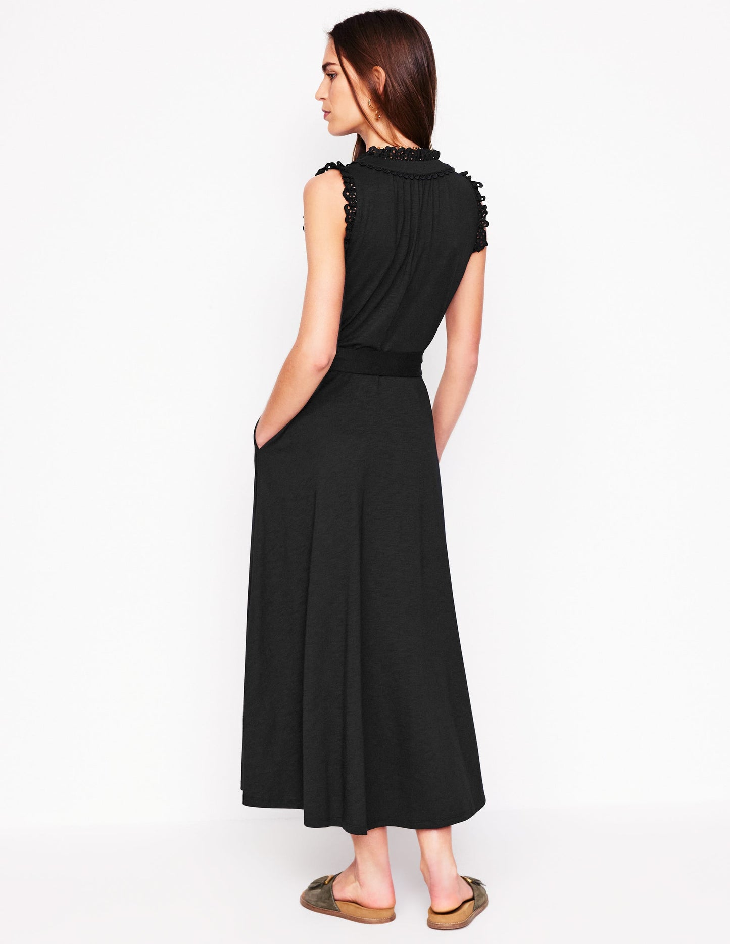 Aria Broderie Trim Midi Dress-Black