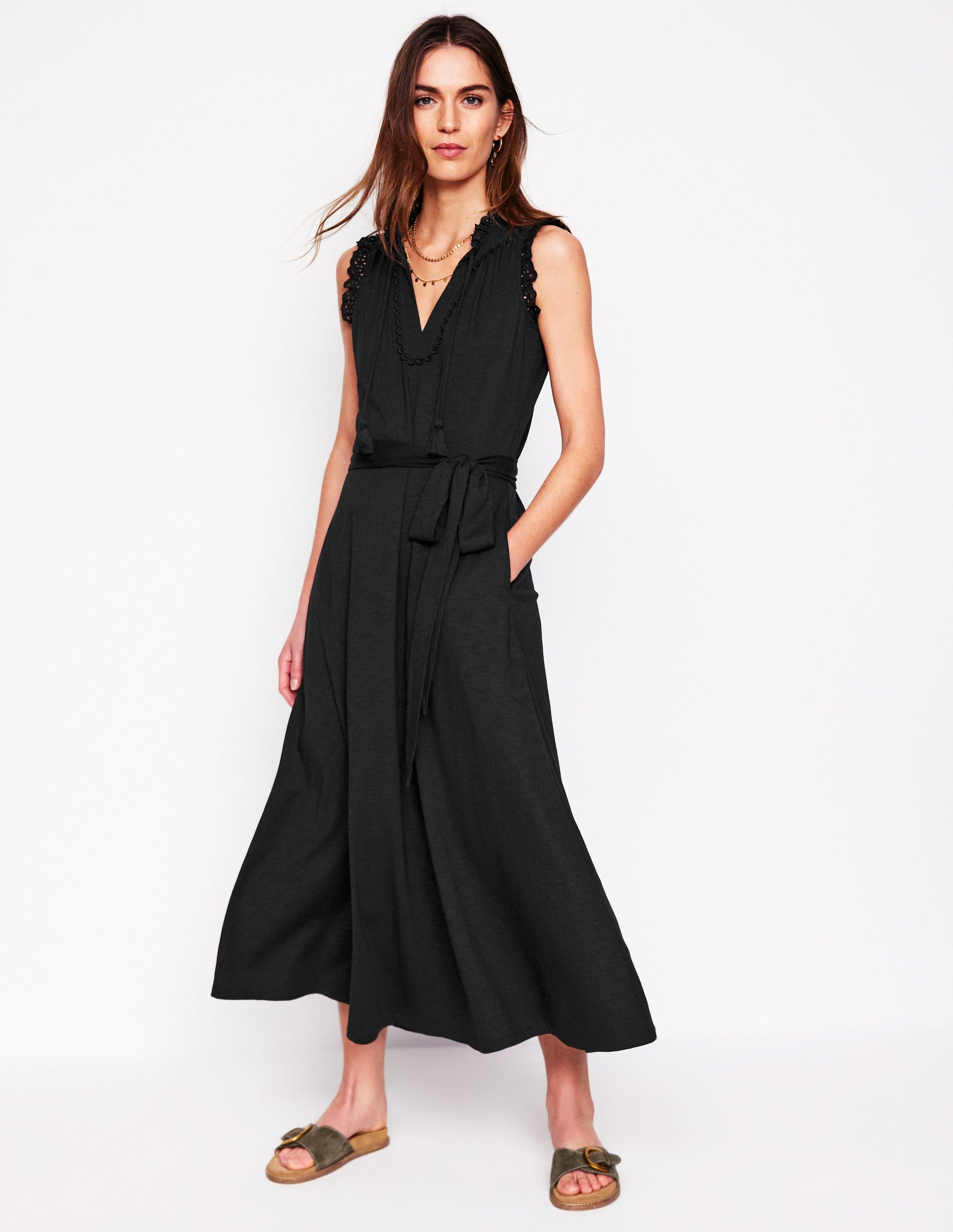 Aria Broderie Trim Midi Dress-Black-4