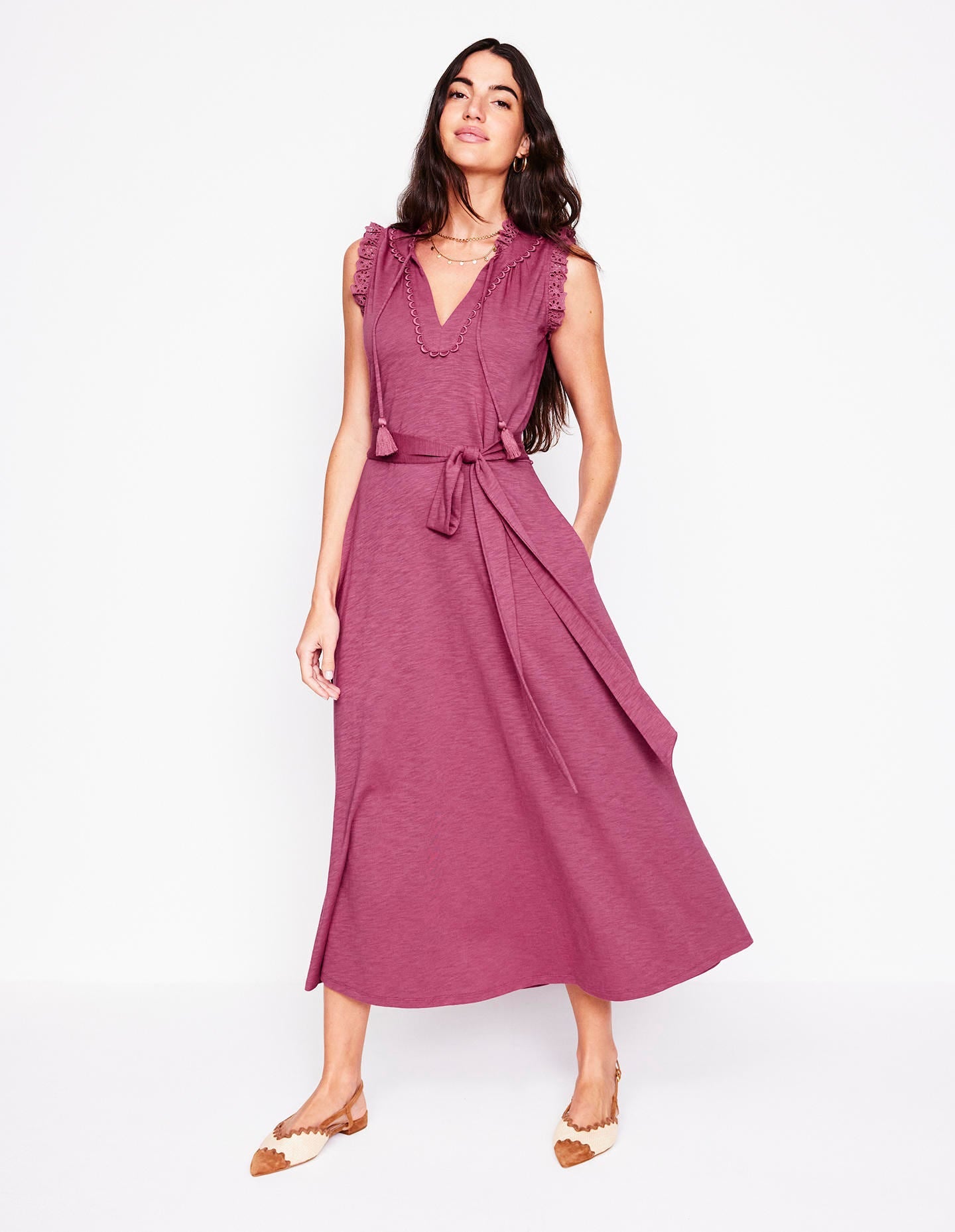 Aria Broderie Trim Midi Dress-Plum Purple - Image 1