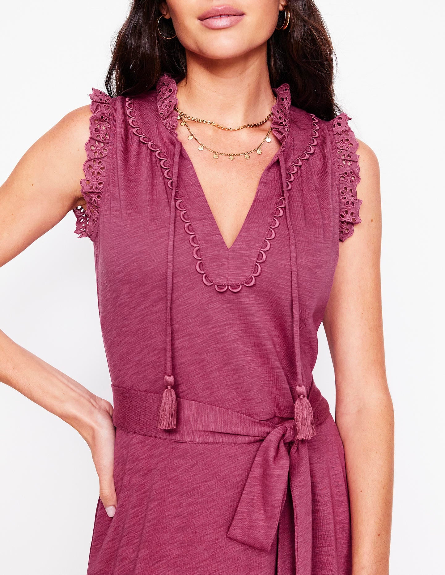 Aria Broderie Trim Midi Dress-Plum Purple