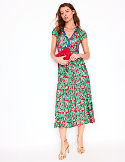 Bias Cut Jersey Midi Dress-Jade, Painterly Posy-1