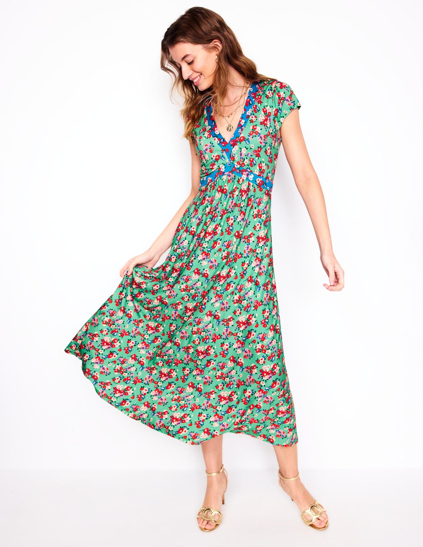 Bias Cut Jersey Midi Dress-Jade, Painterly Posy