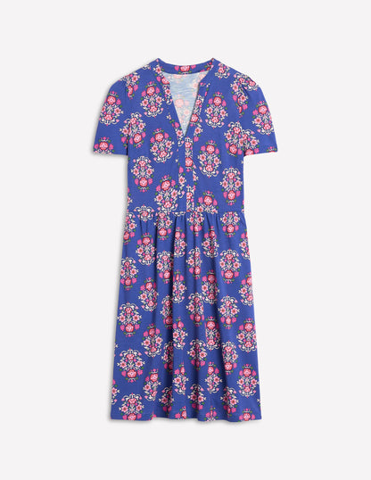 Naomi Short Sleeve Dress-Bright Blue, Wildflower Stamp