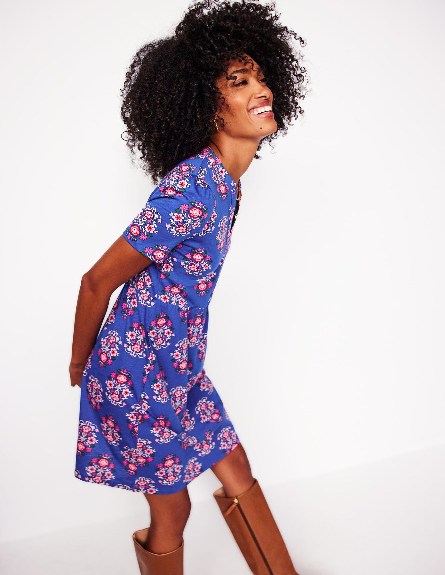 Naomi Short Sleeve Dress-Bright Blue, Wildflower Stamp