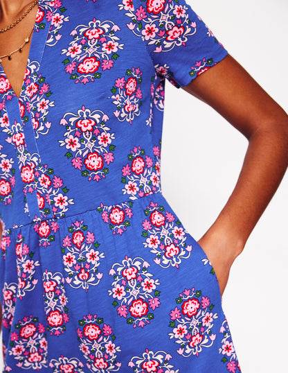 Naomi Short Sleeve Dress-Bright Blue, Wildflower Stamp