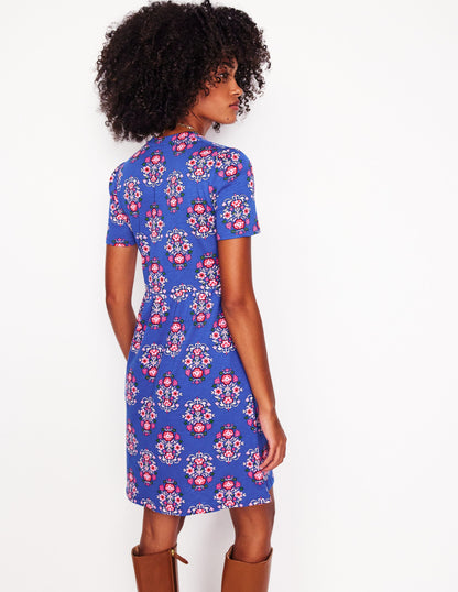 Naomi Short Sleeve Dress-Bright Blue, Wildflower Stamp