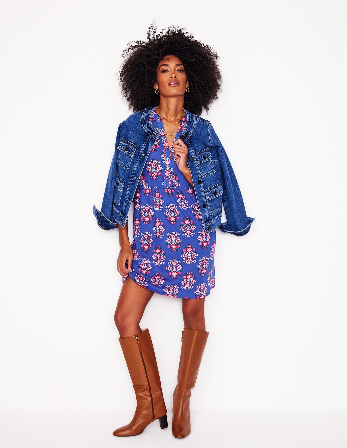 Naomi Short Sleeve Dress-Bright Blue, Wildflower Stamp