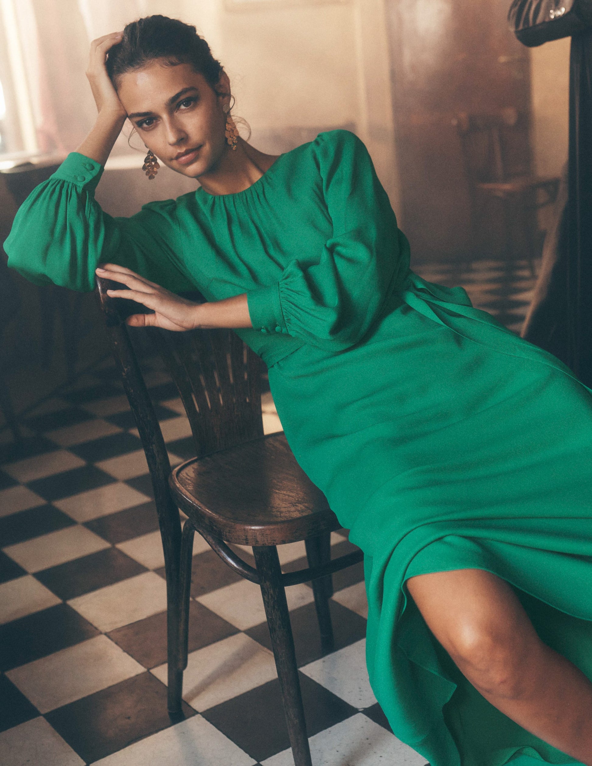 Blouson Sleeve Midi Dress-Rich Emerald Blouson Sleeve Midi Dress-Rich Emerald