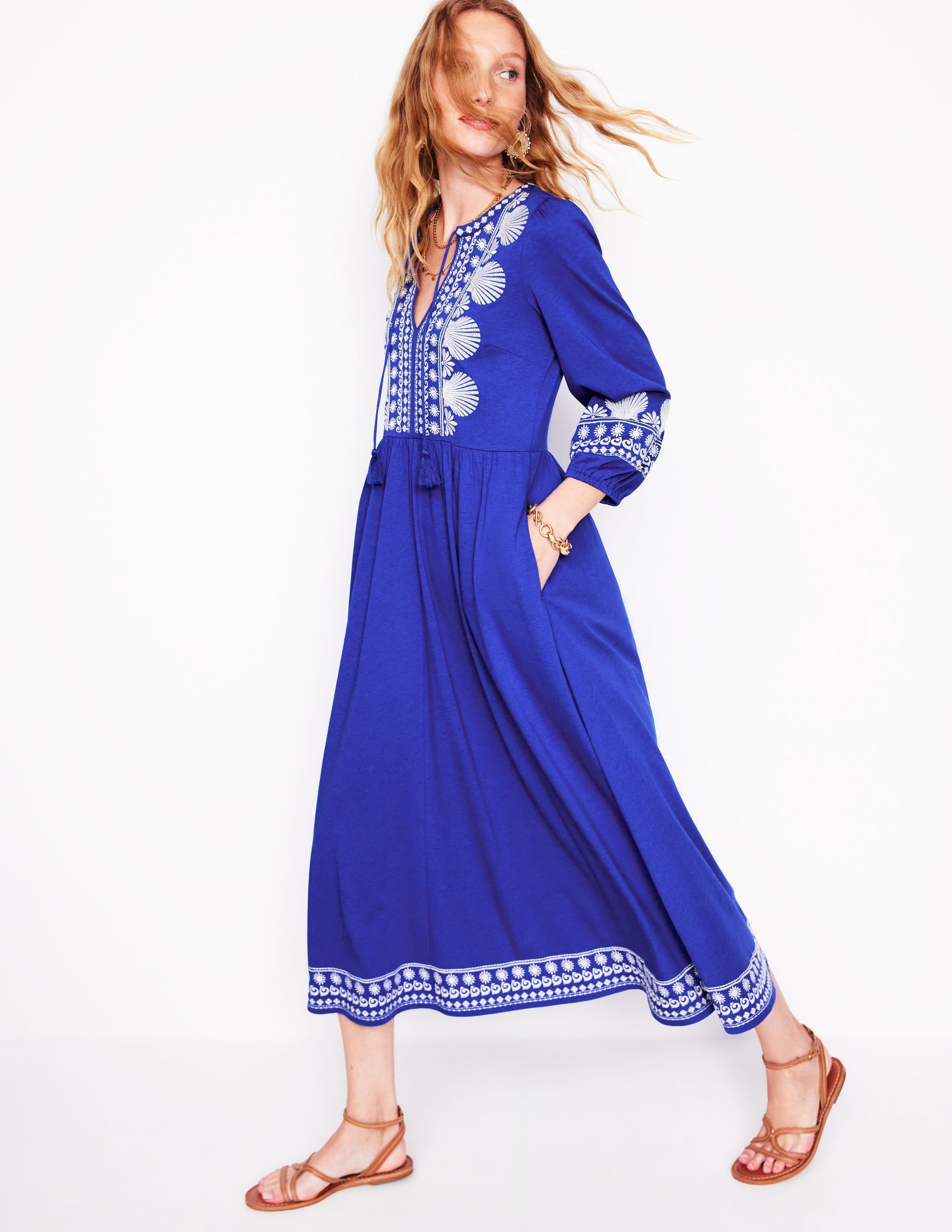 Embroidered Notch Neck Dress-Bright Blue, Ivory - Image 1