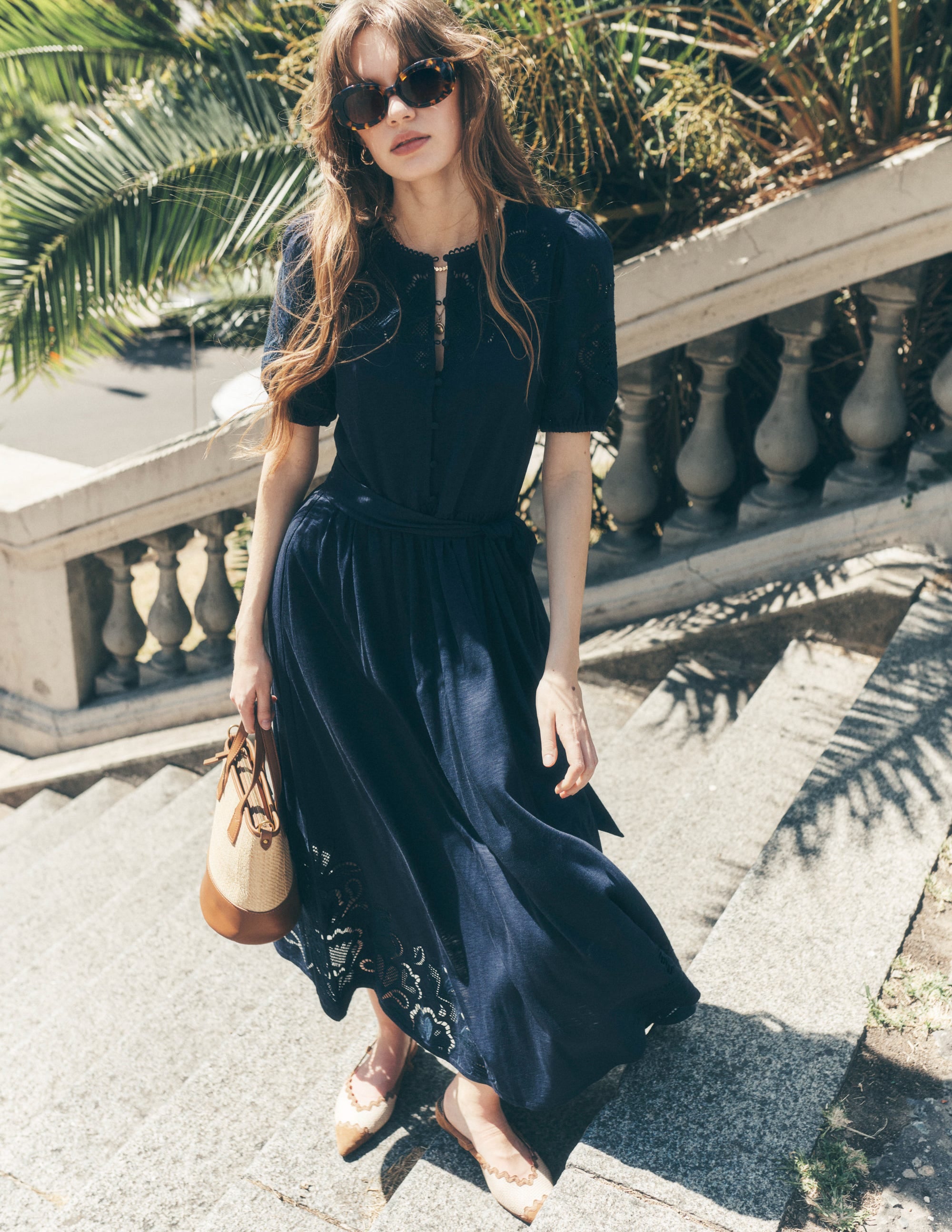 Cutwork Detail Midi Dress-Navy - Image 5