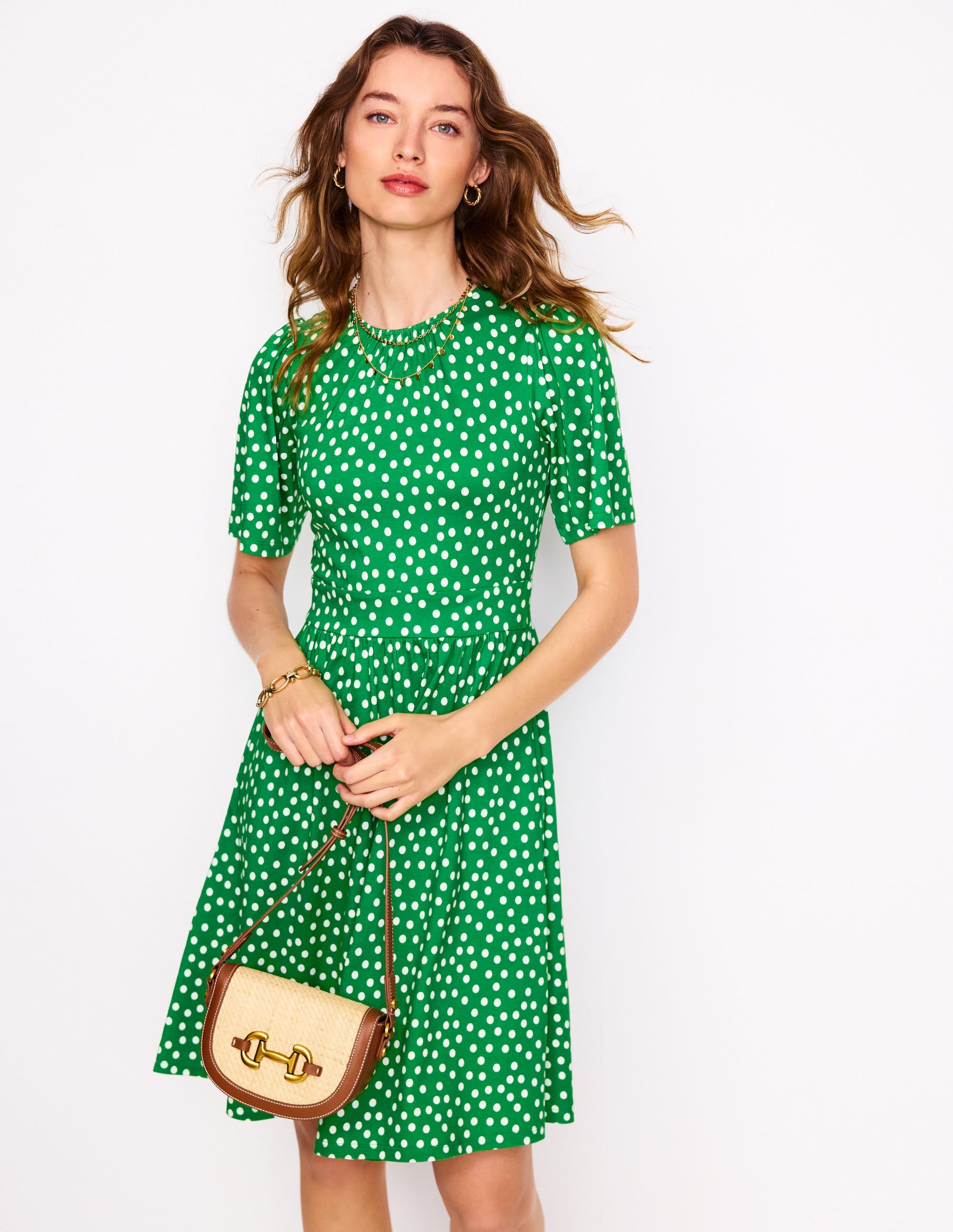 Louisa Short Jersey Dress-Lime Juice Green, Abstract Dot - Image 1