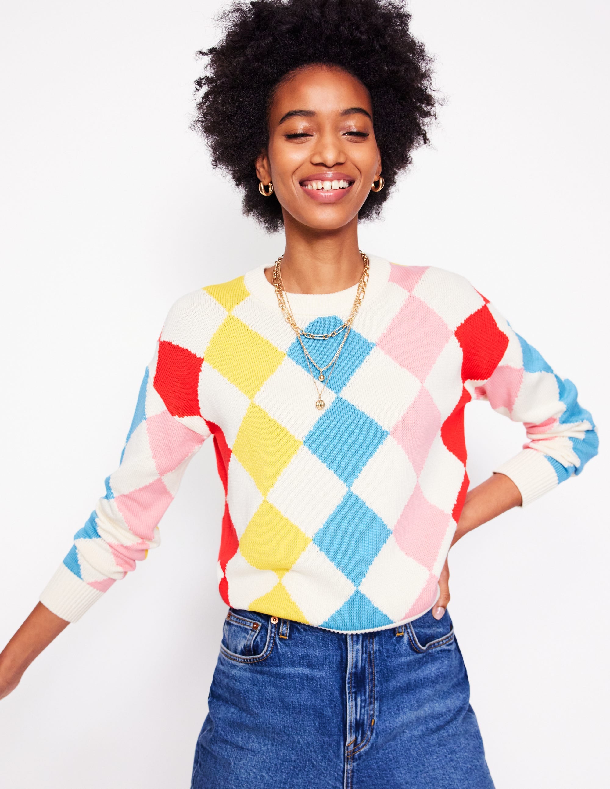 Cotton Argyle Sweater-Pink, Light Blue Argyle - Image 1