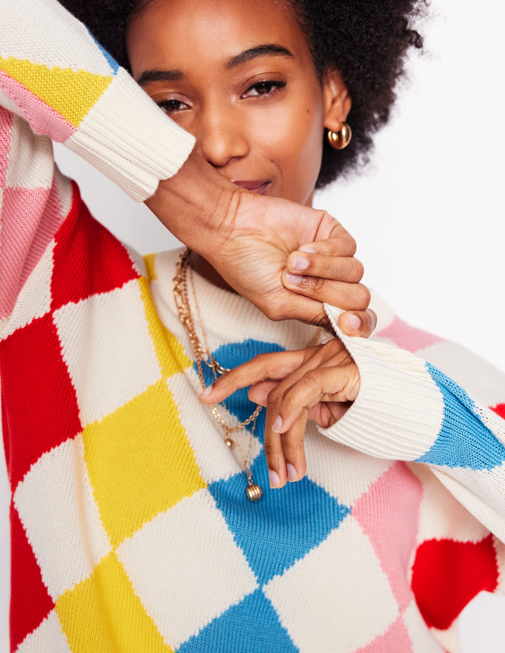 Cotton Argyle Sweater-Pink, Light Blue Argyle - Image 2