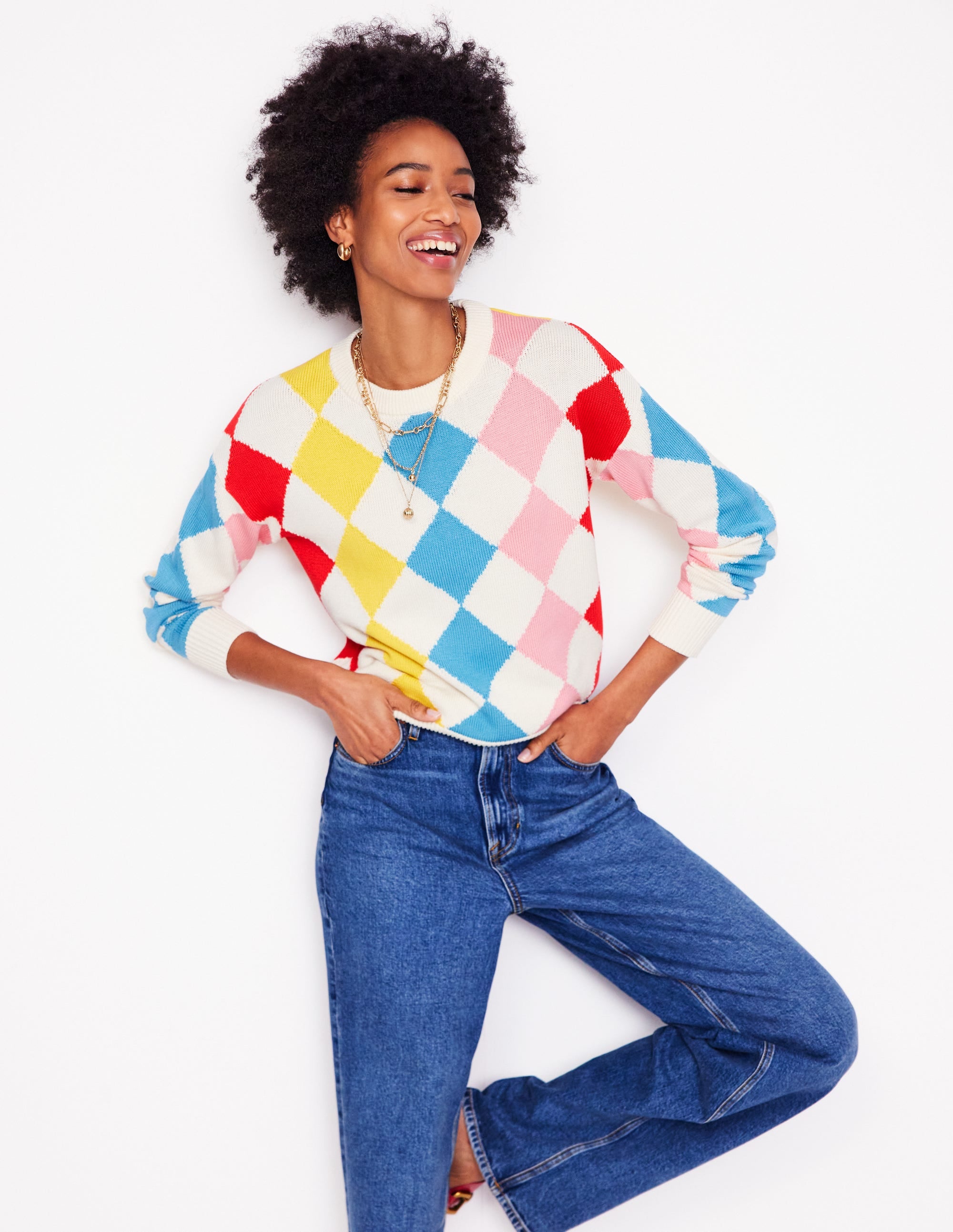 Cotton Argyle Sweater-Pink, Light Blue Argyle - Image 4