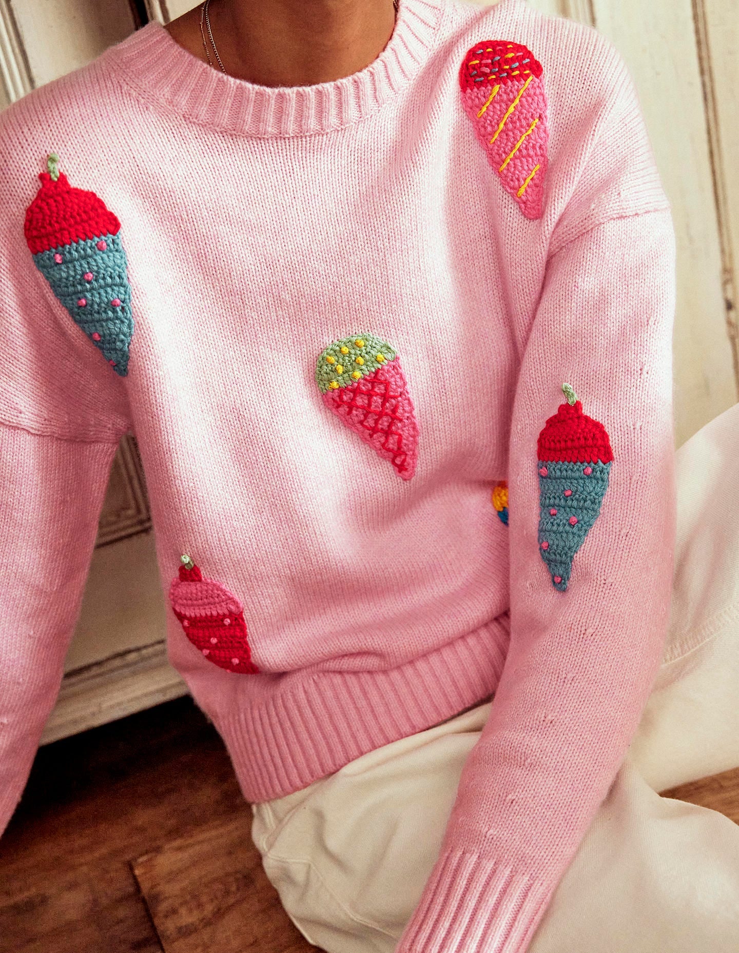 Novelty Embroidered Sweater-Soft Pink