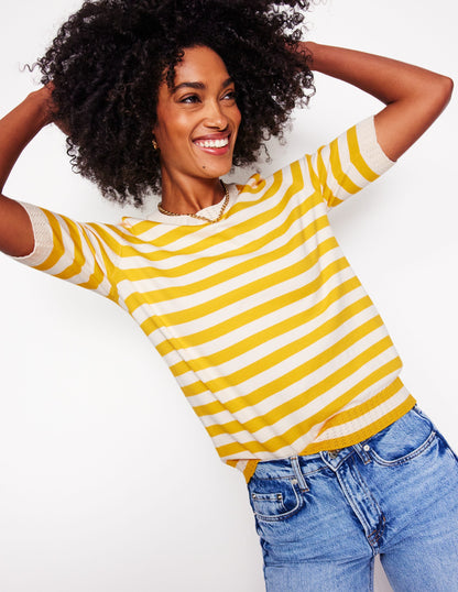 Emilia Cotton Crew T-shirt-Yellow and Ivory Stripe