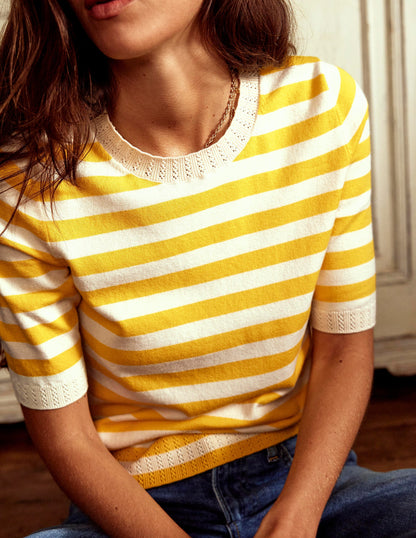 Emilia Cotton Crew T-shirt-Yellow and Ivory Stripe