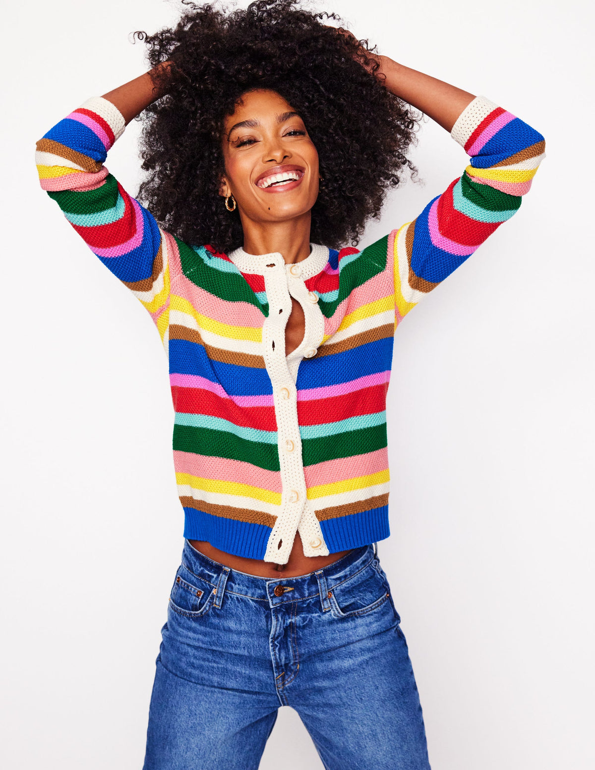 Callie Crochet Trim Cardigan-Bright Rainbow Stripe Large - Image 2