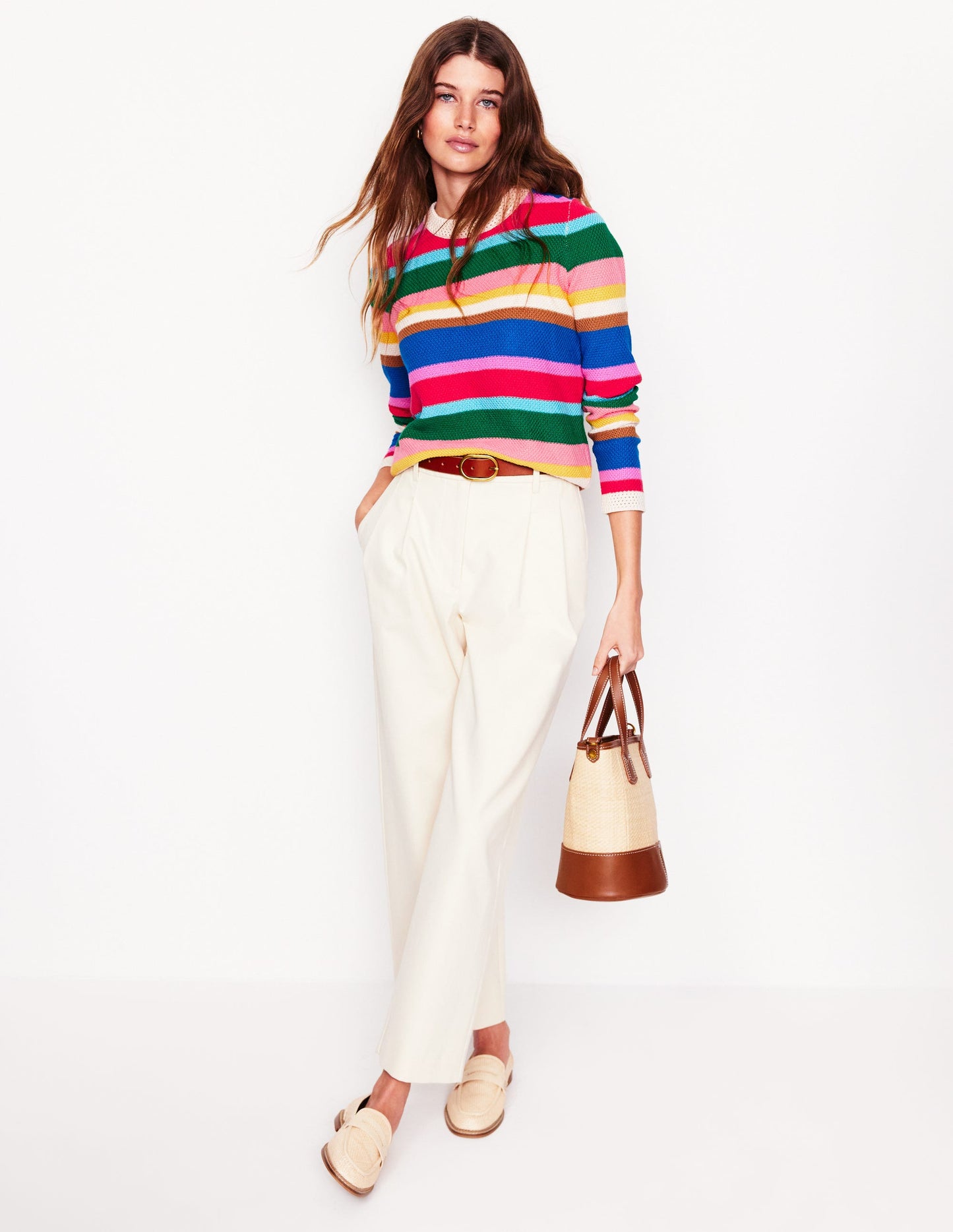 Callie Crochet Trim Sweater-Bright Rainbow Stripe Large