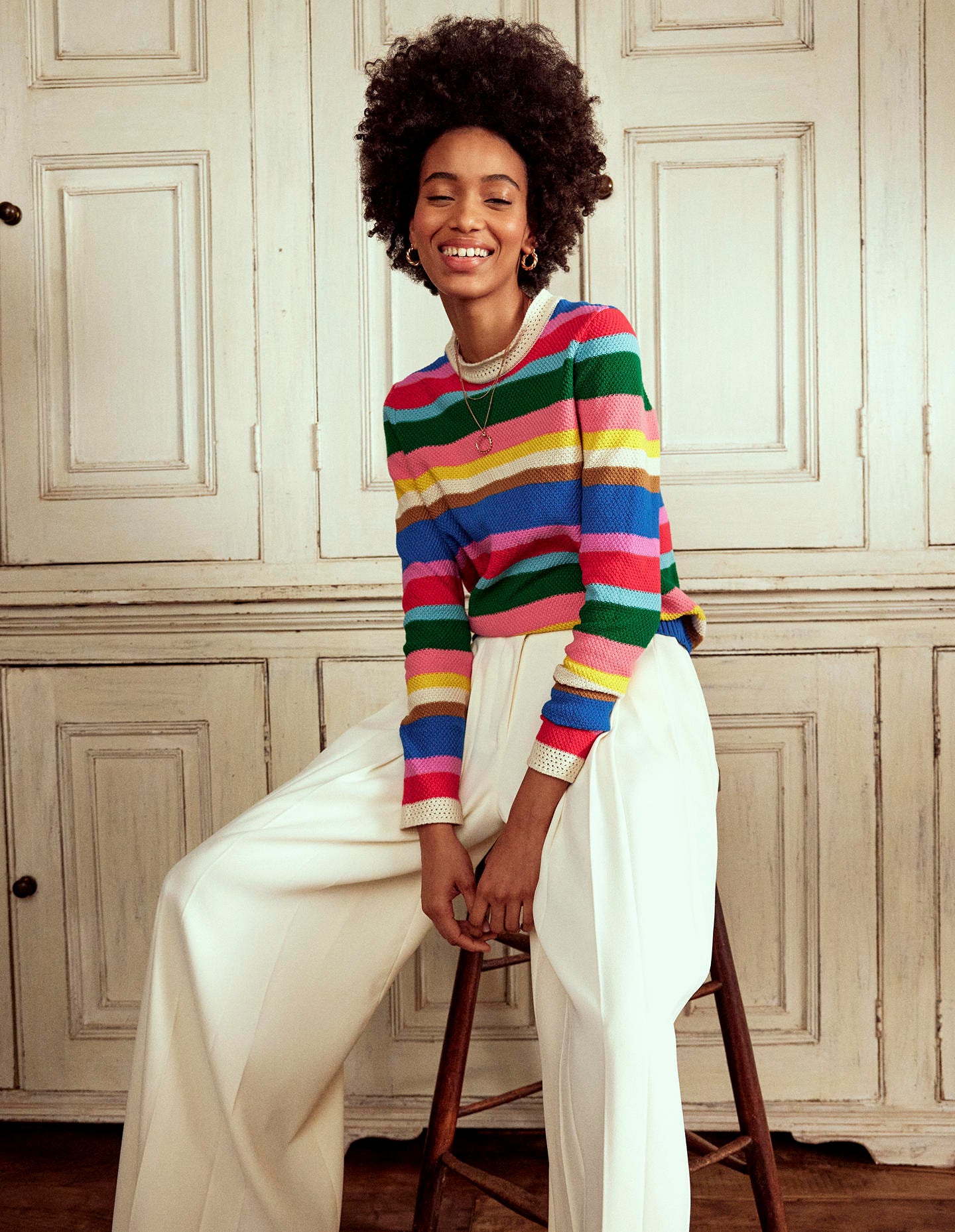 Callie Crochet Trim Sweater-Bright Rainbow Stripe Large